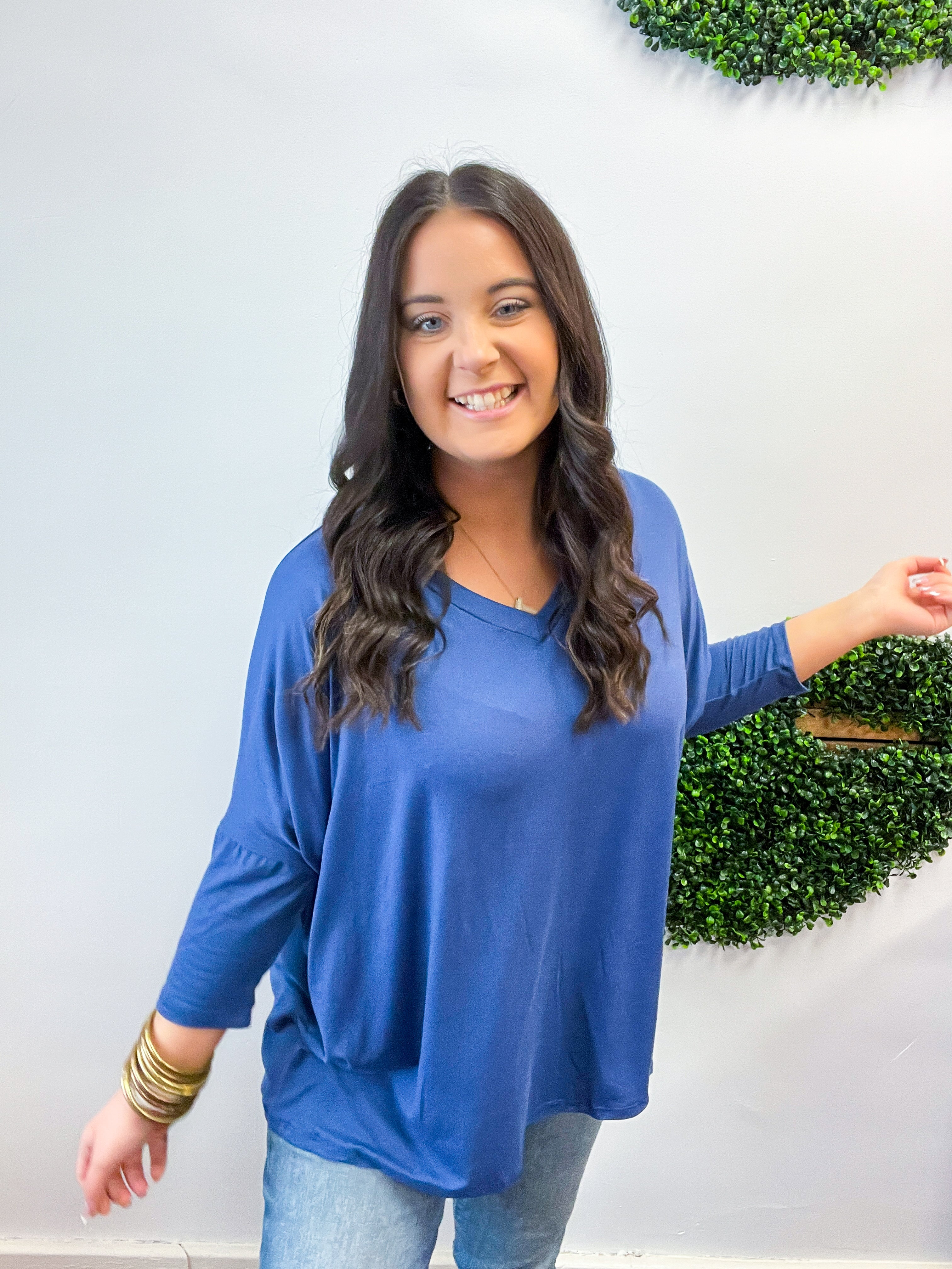 Butter Soft Free Flow 3/4 Sleeve Top in Denim Blue