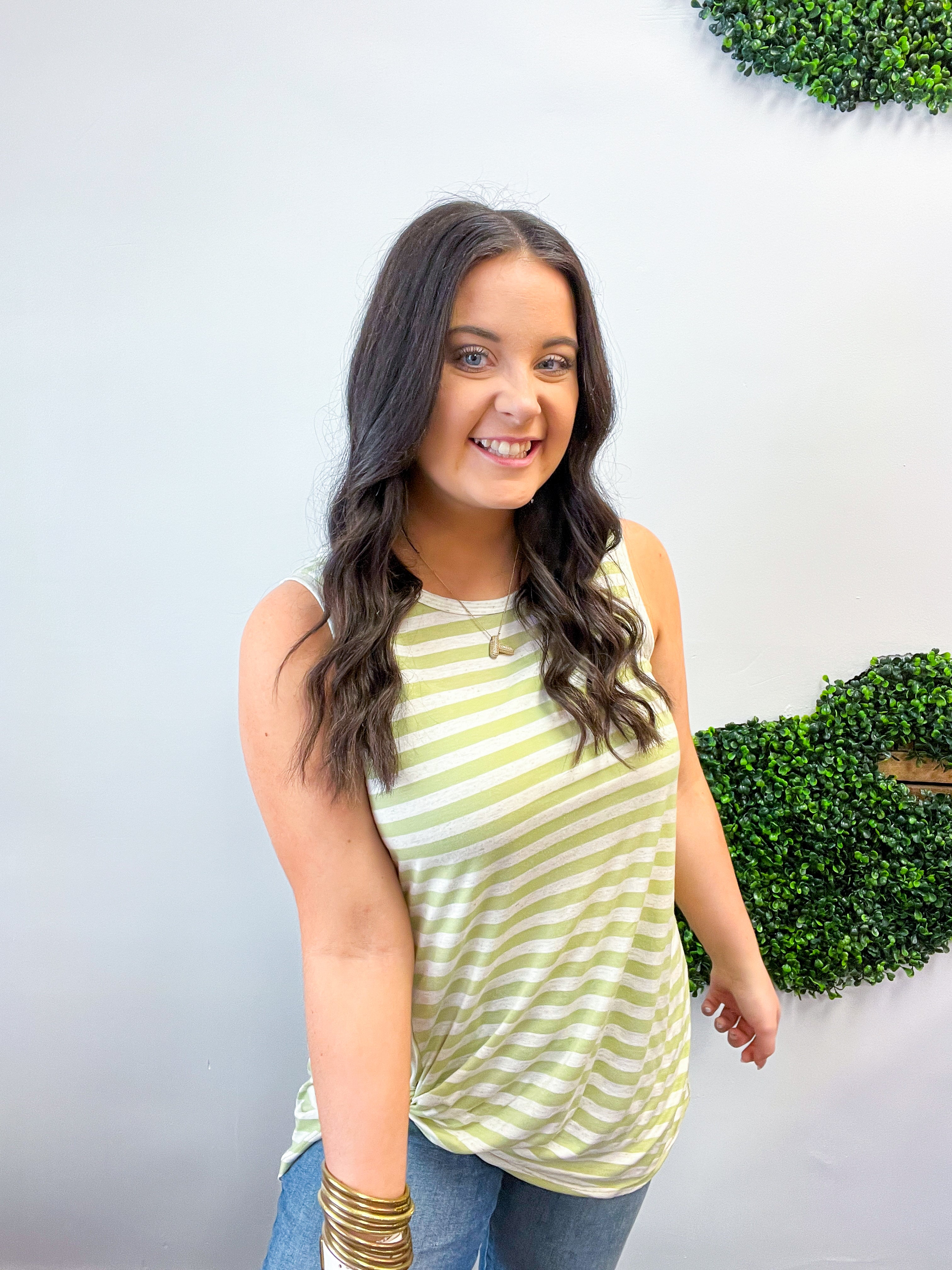 Twist & Stripe Tank in Sage