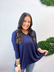 Butter Soft Free Flow 3/4 Sleeve Top in Navy