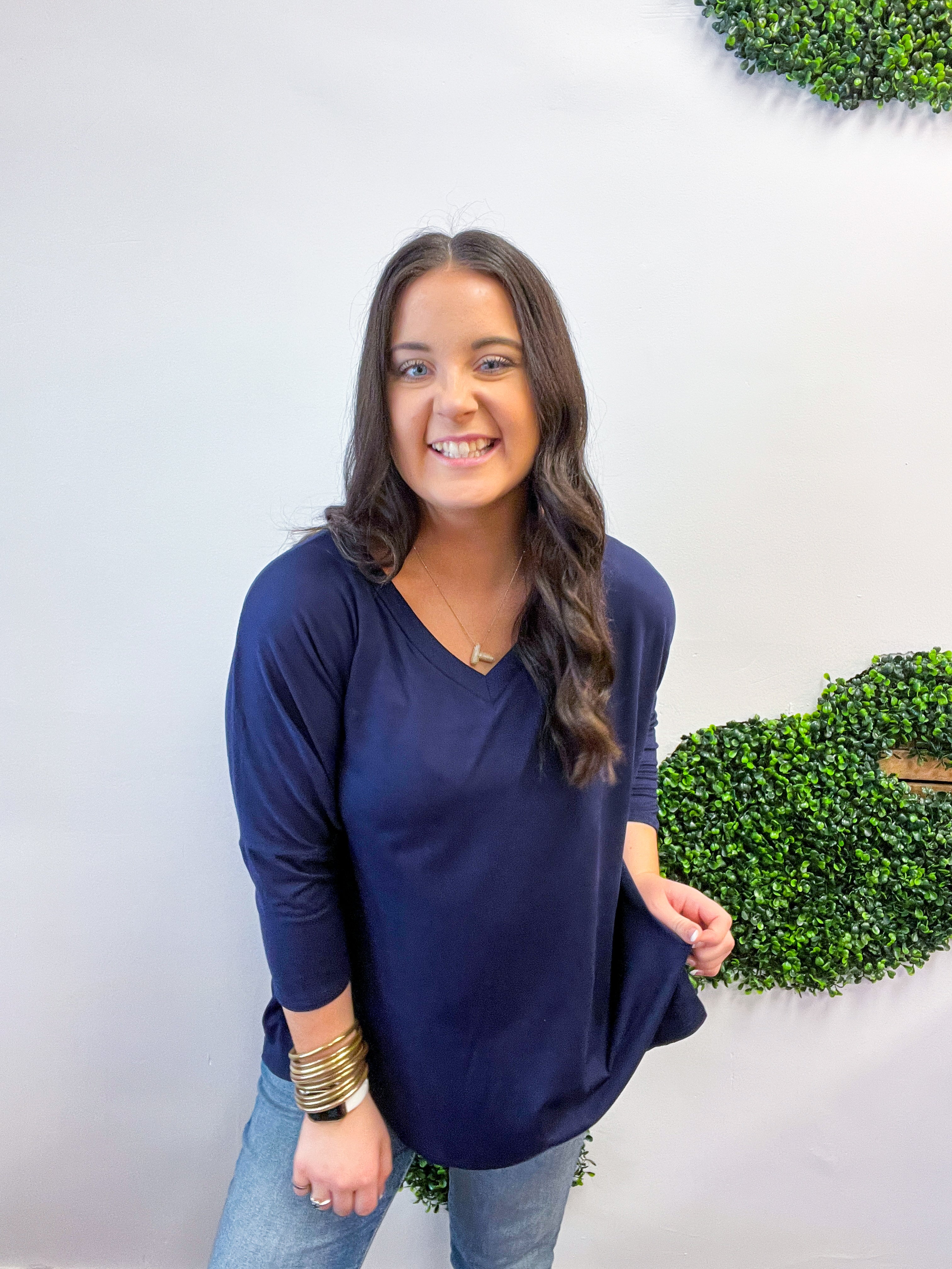 Butter Soft Free Flow 3/4 Sleeve Top in Navy