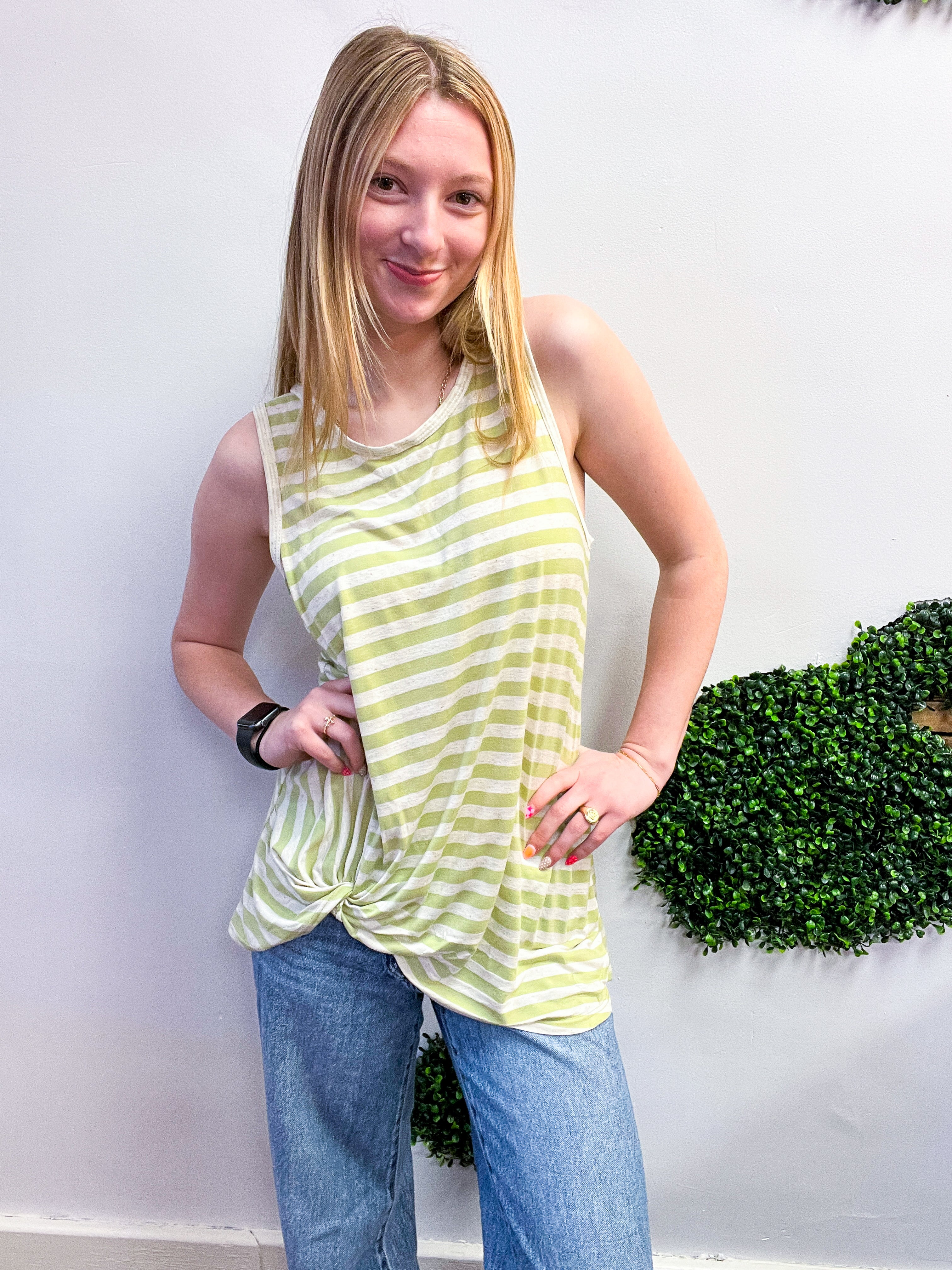 Twist & Stripe Tank in Sage