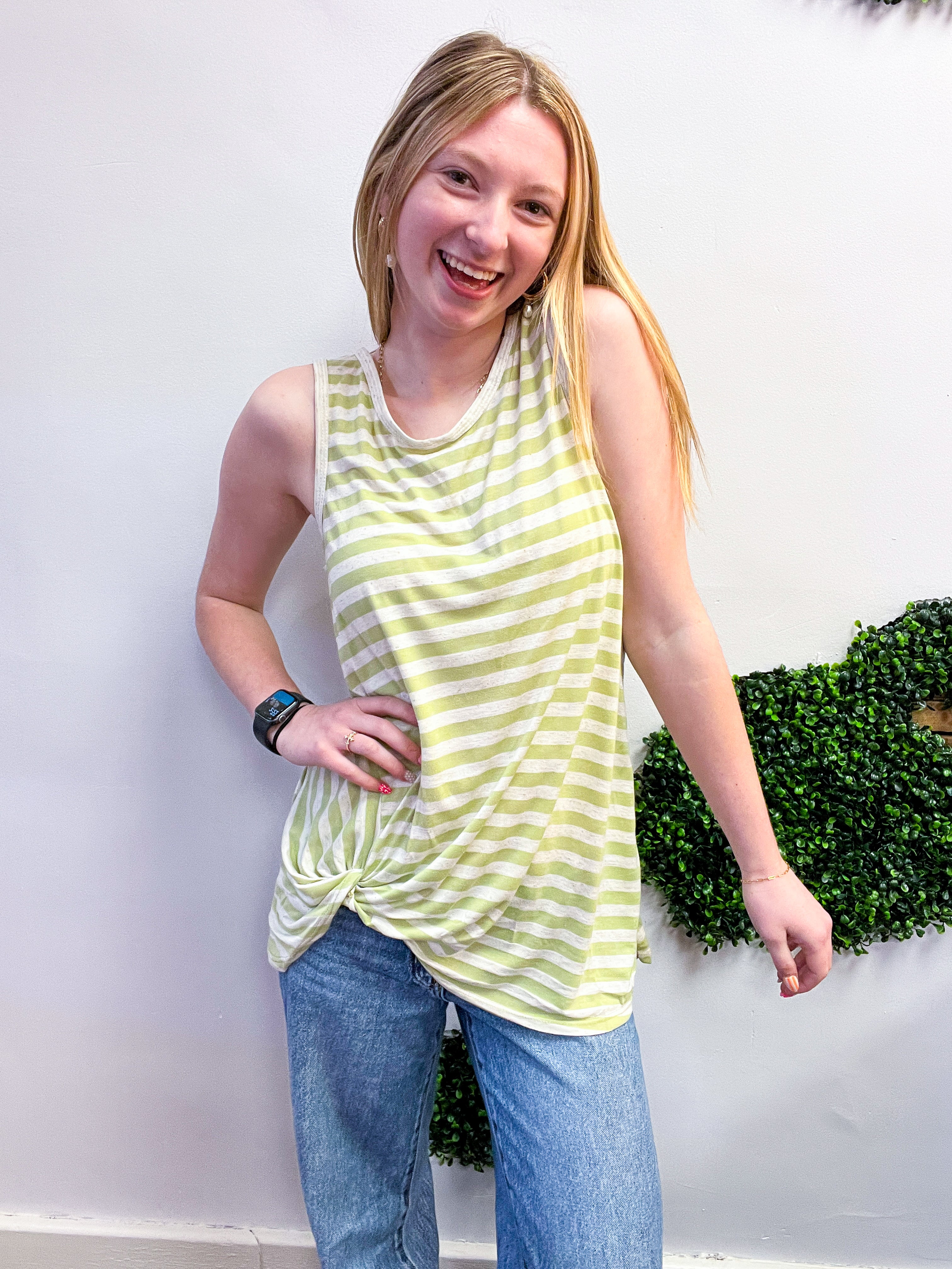 Twist & Stripe Tank in Sage