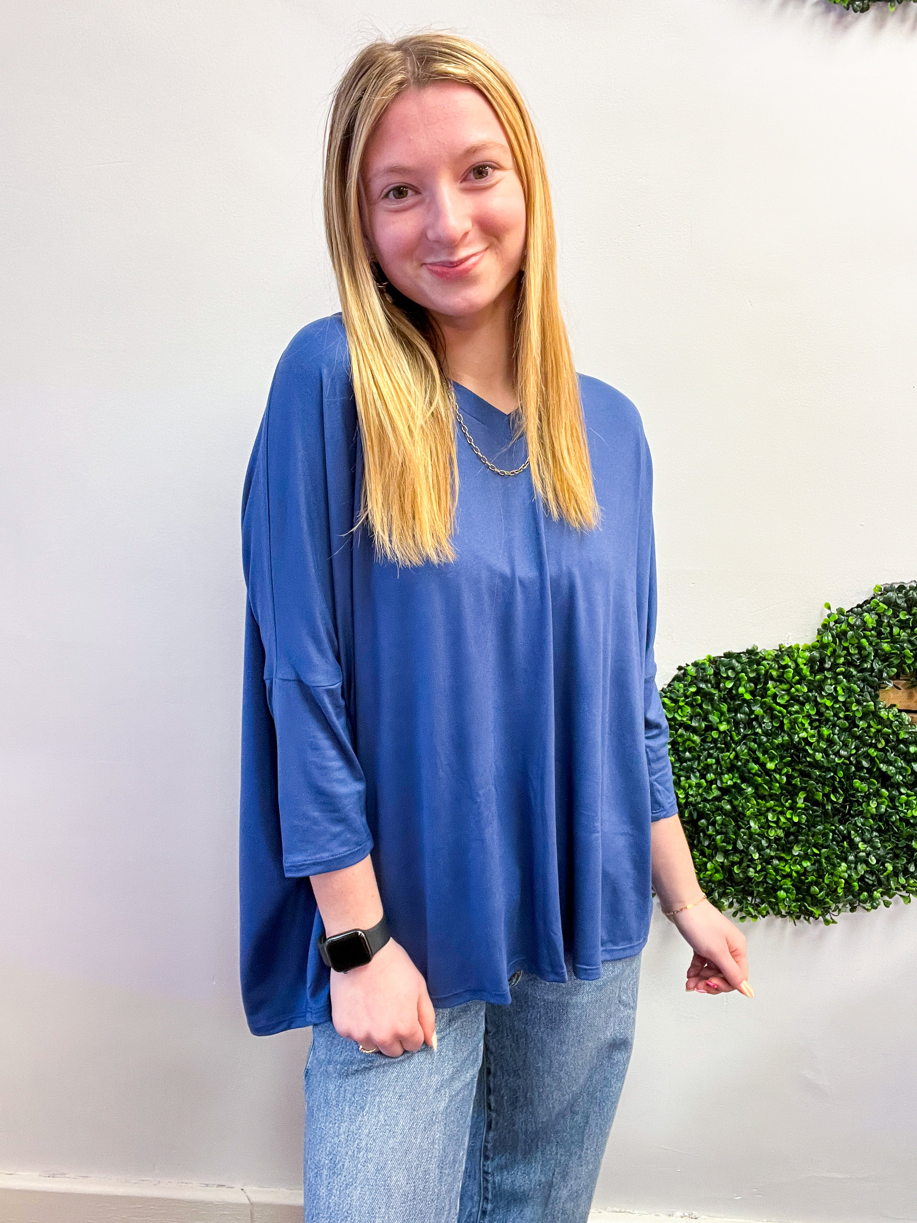 Butter Soft Free Flow 3/4 Sleeve Top in Denim Blue