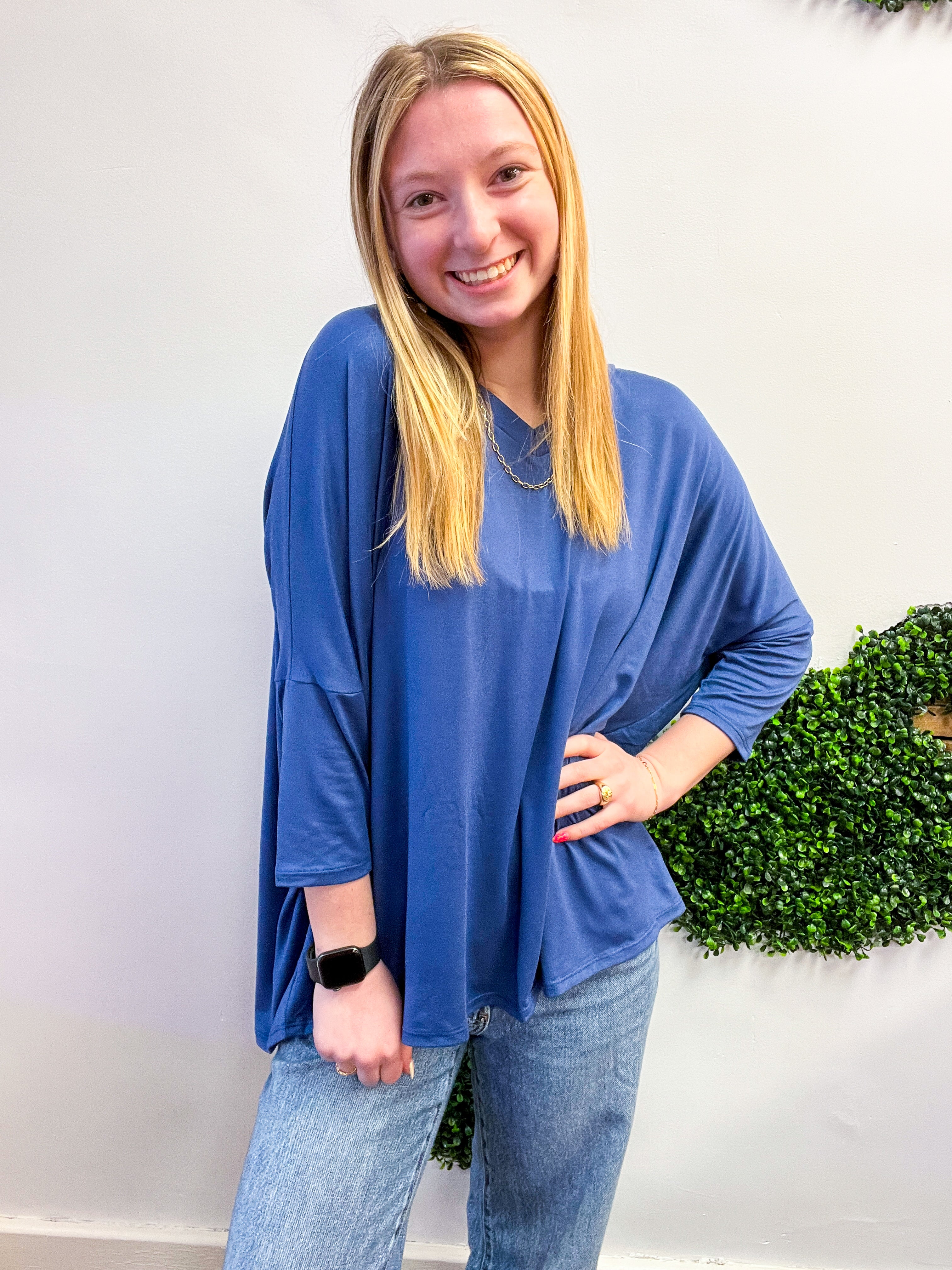 Butter Soft Free Flow 3/4 Sleeve Top in Denim Blue