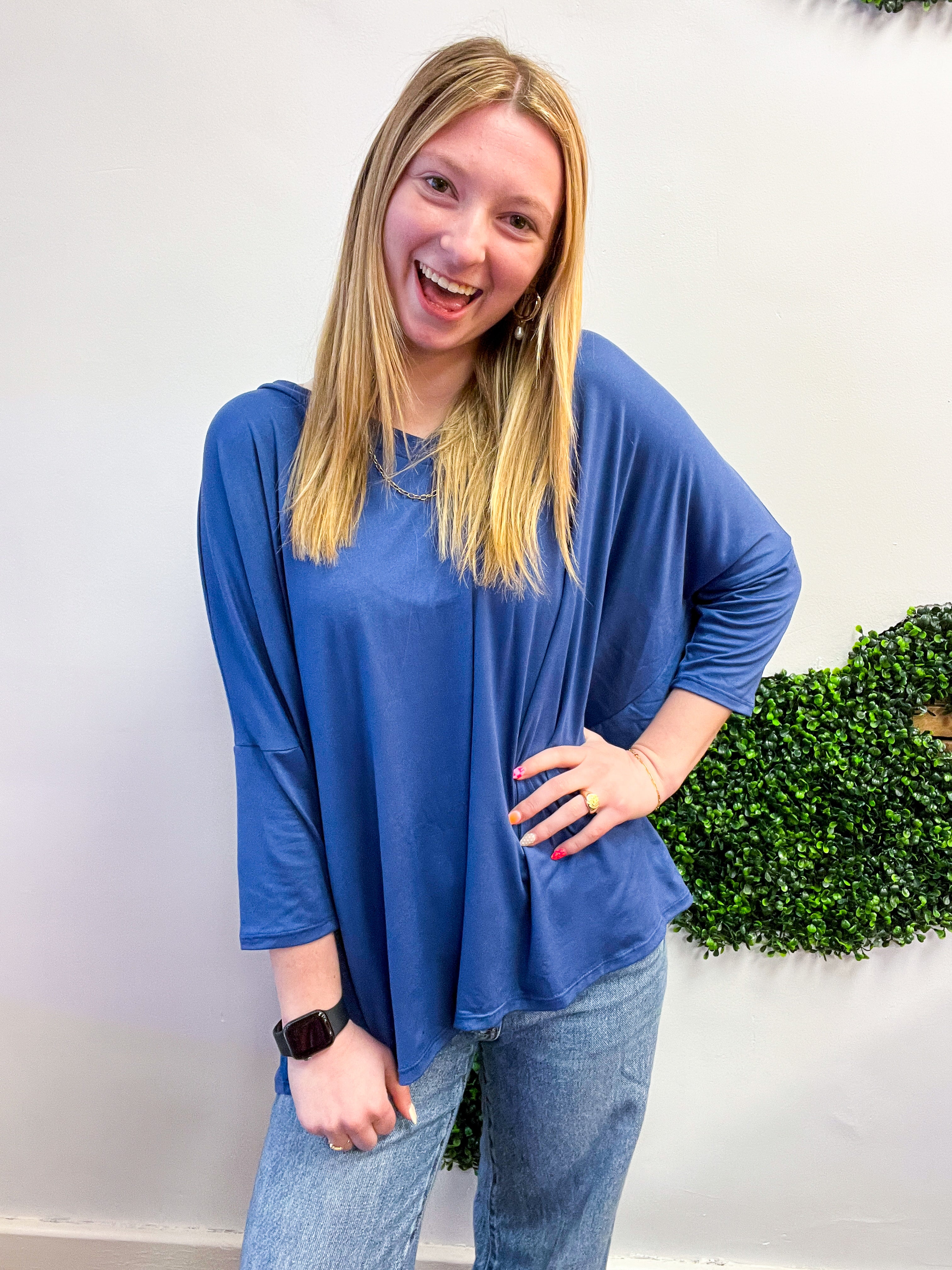 Butter Soft Free Flow 3/4 Sleeve Top in Denim Blue