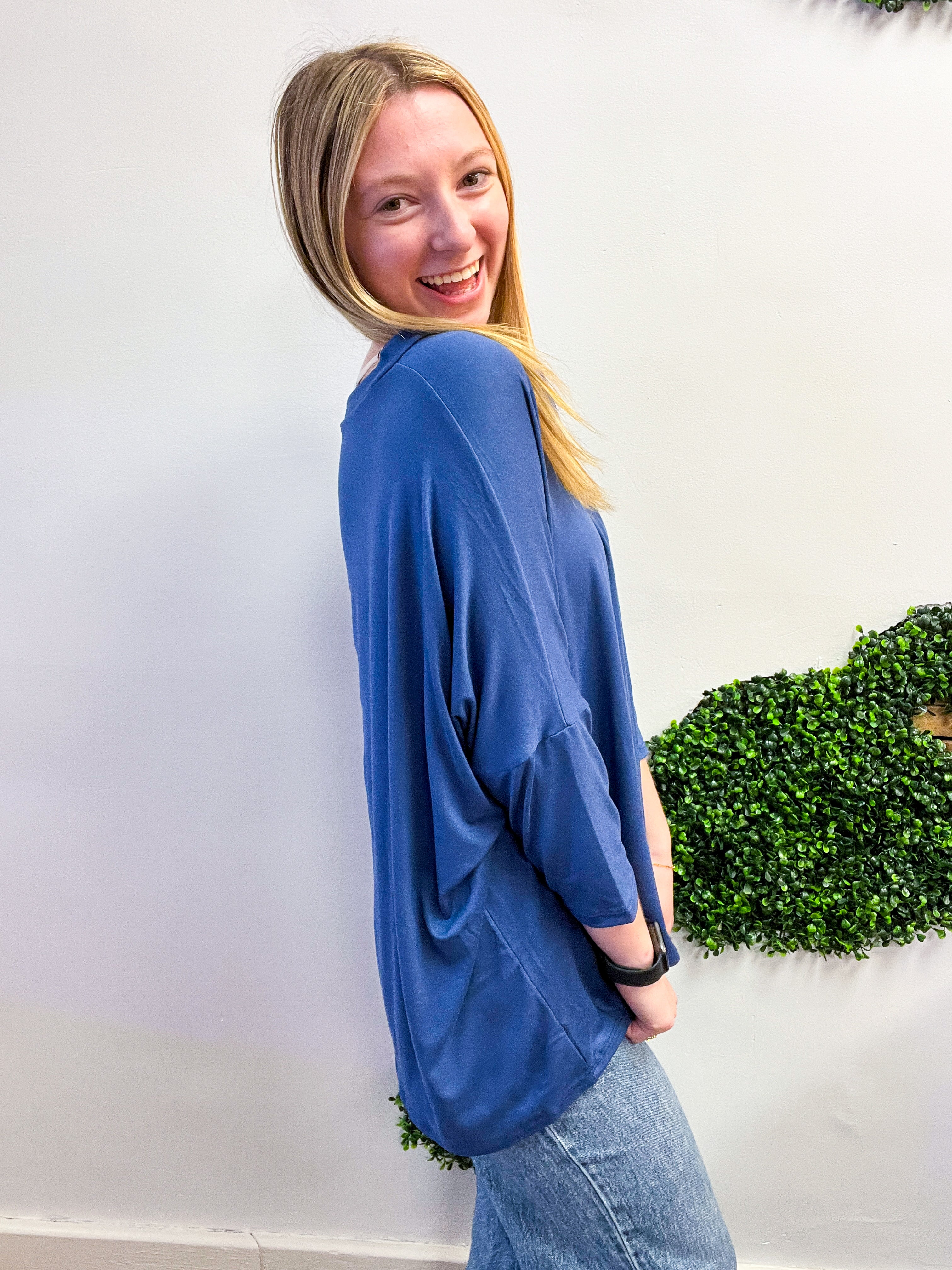 Butter Soft Free Flow 3/4 Sleeve Top in Denim Blue