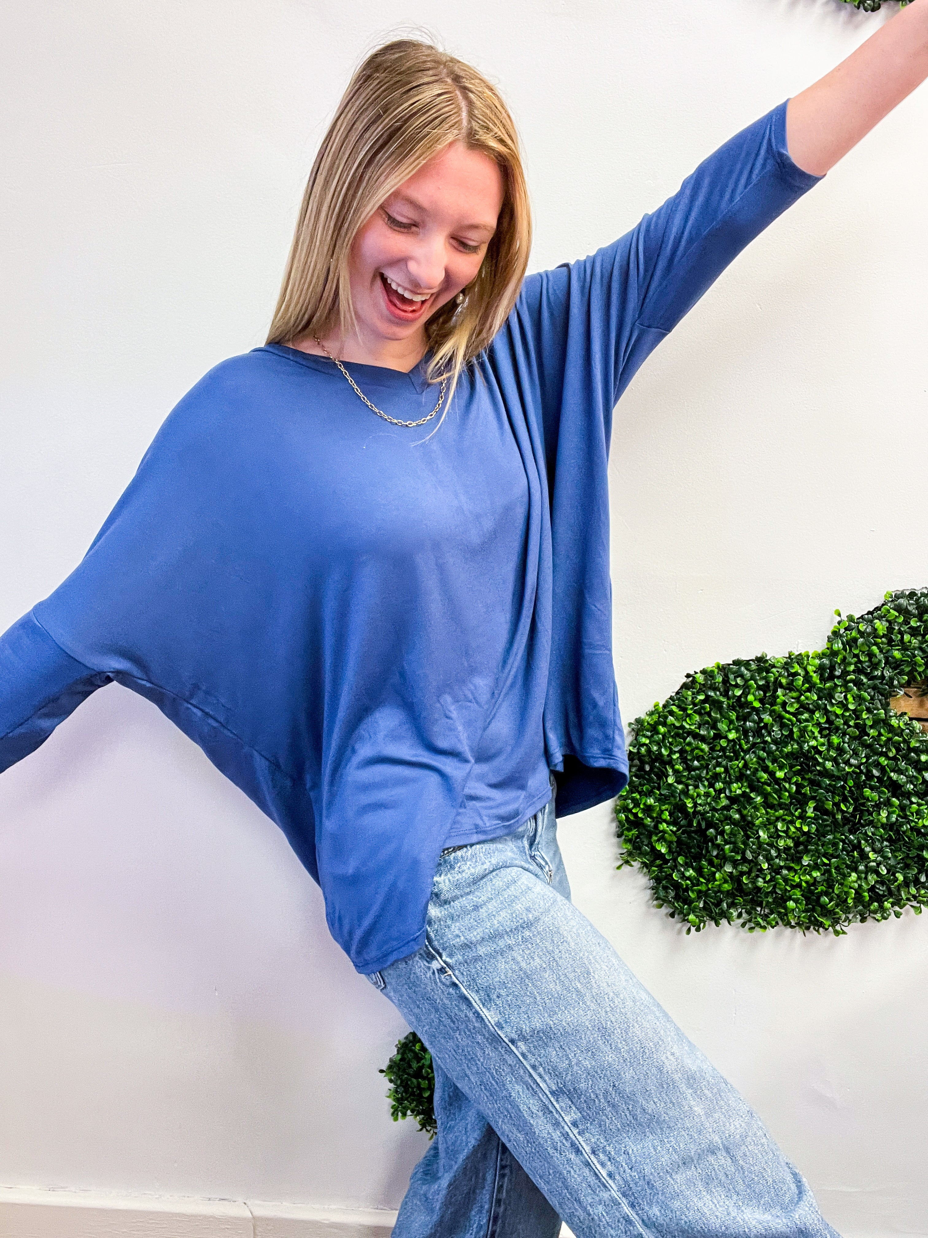 Butter Soft Free Flow 3/4 Sleeve Top in Denim Blue