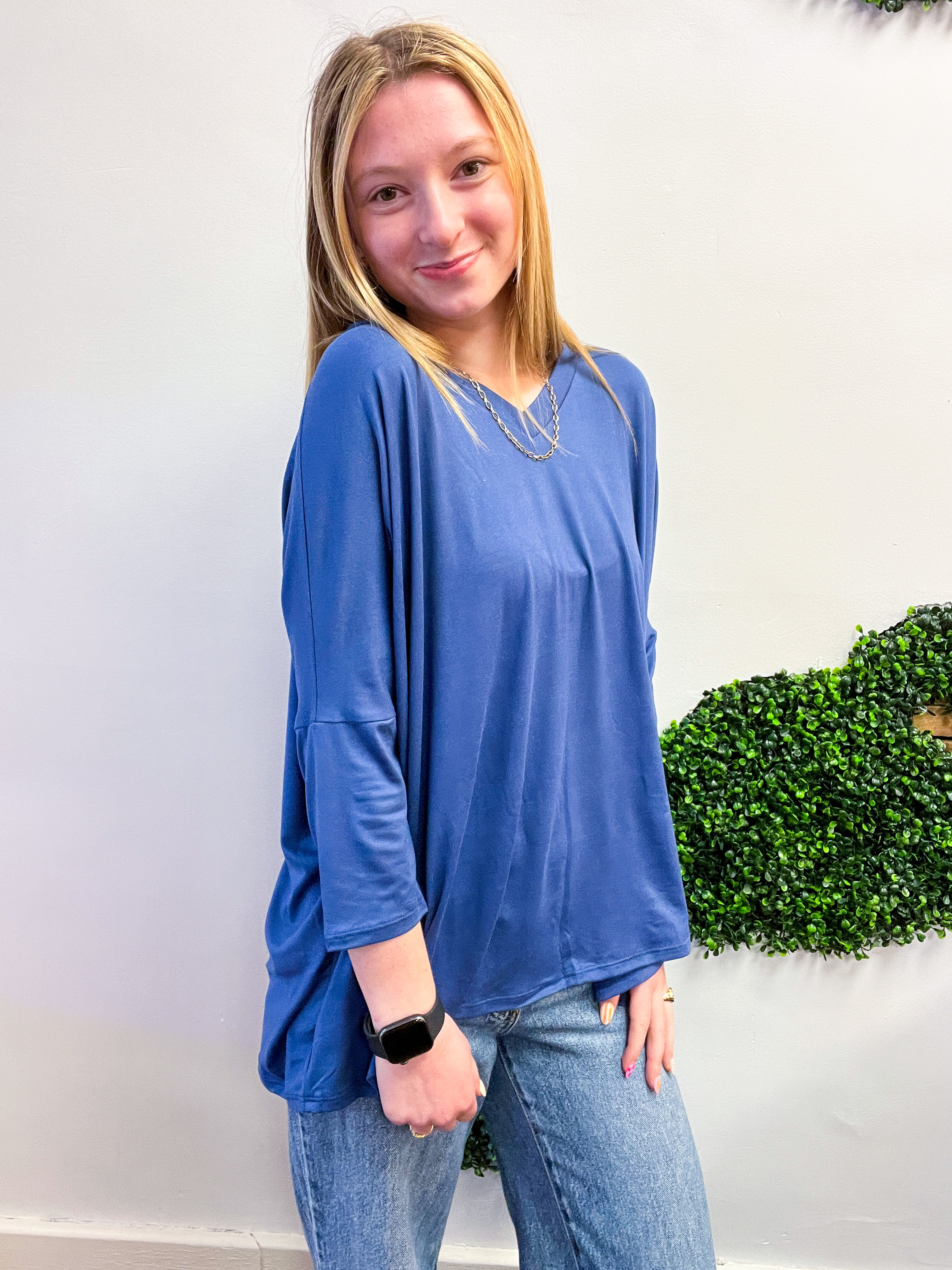 Butter Soft Free Flow 3/4 Sleeve Top in Denim Blue
