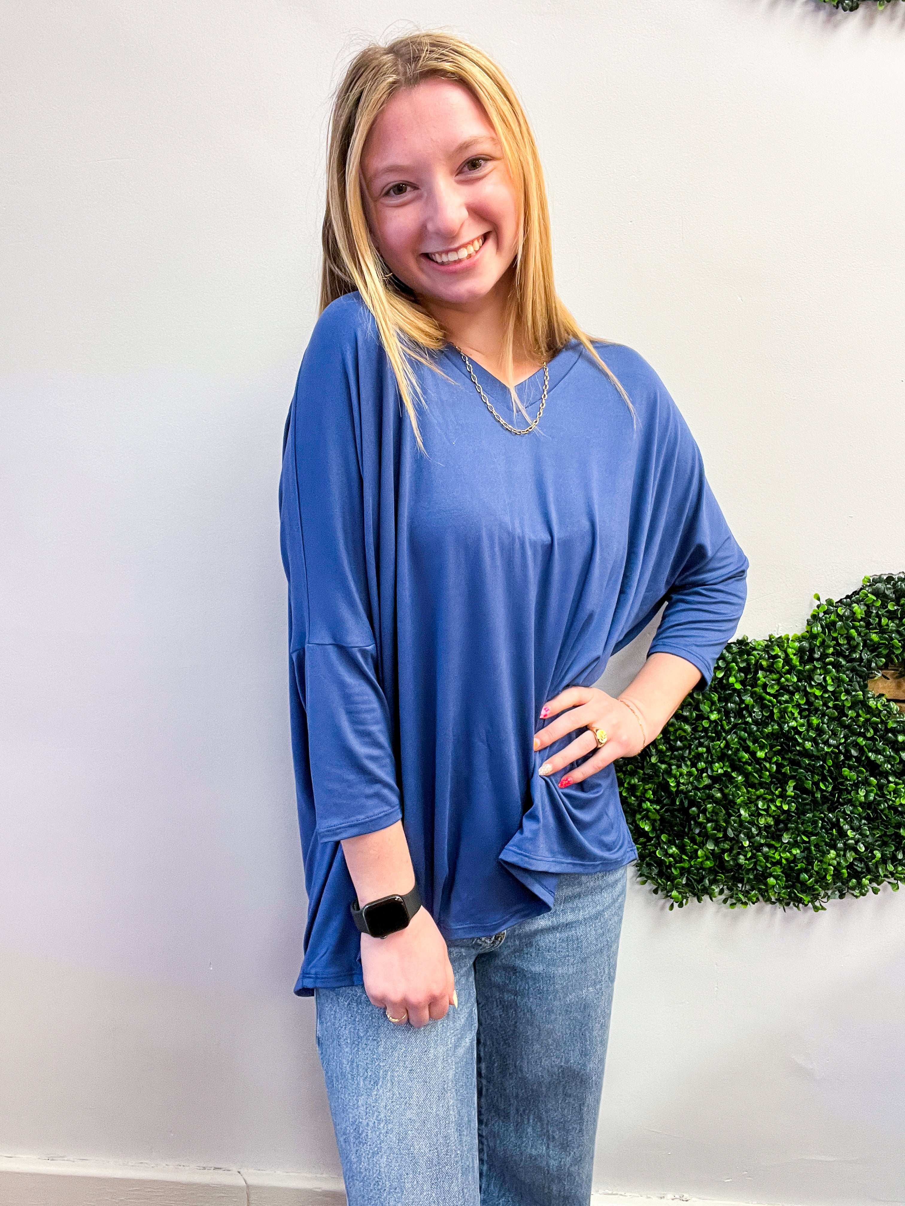 Butter Soft Free Flow 3/4 Sleeve Top in Denim Blue