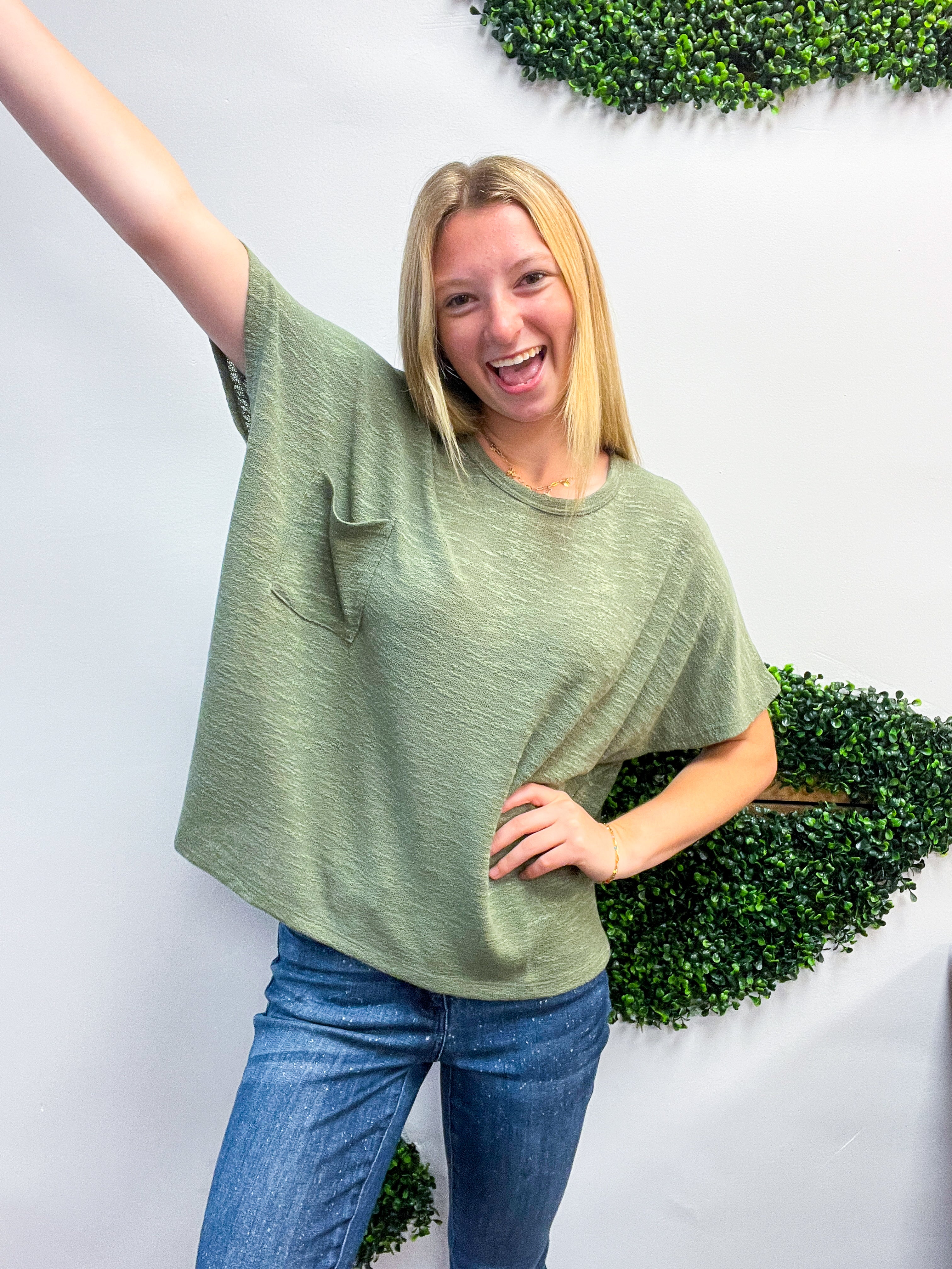The Slouch Side Pocket Hacci Top - Olive