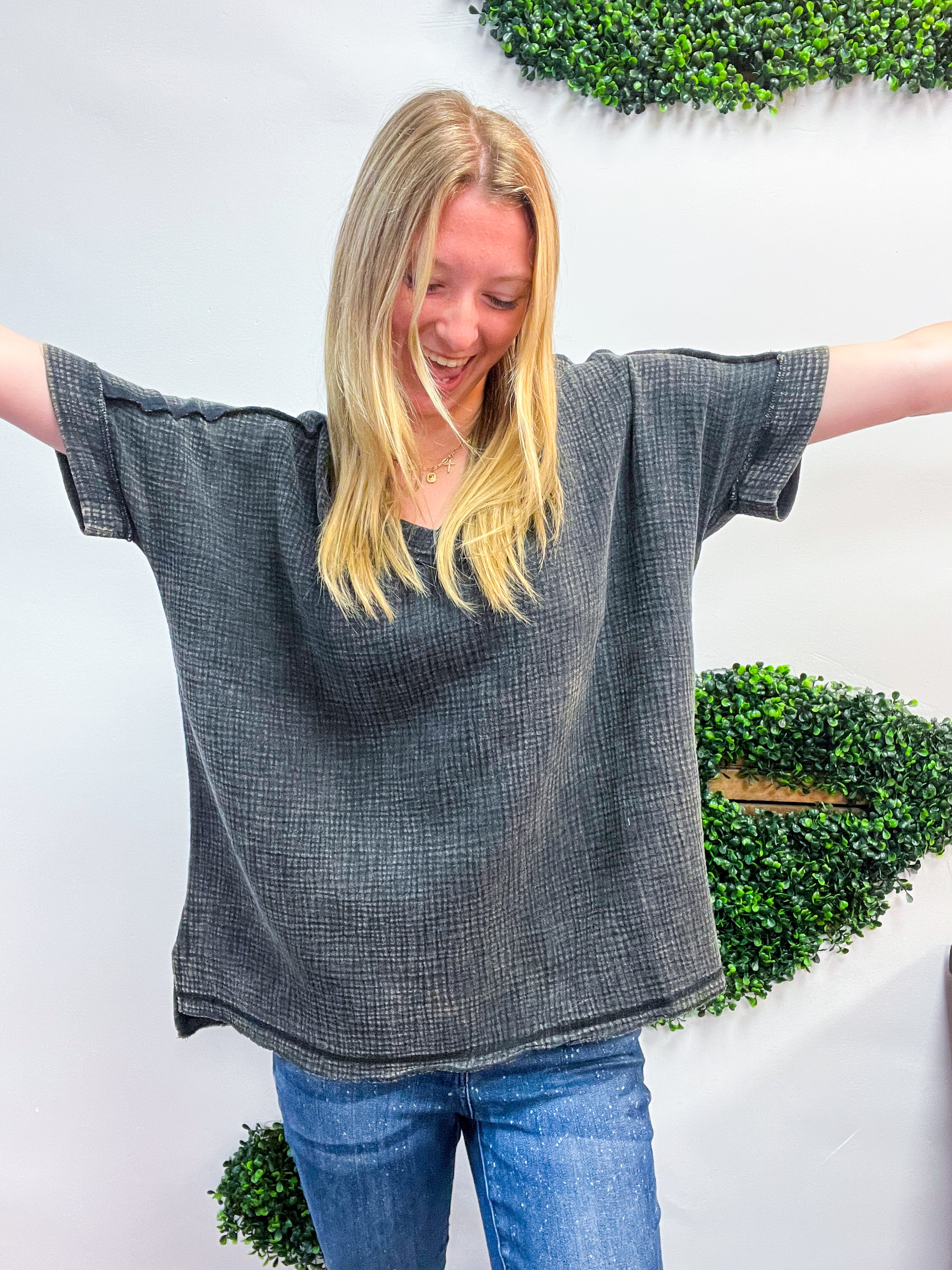 The Worn-In Wonder Acid Wash Gauze Top - Black