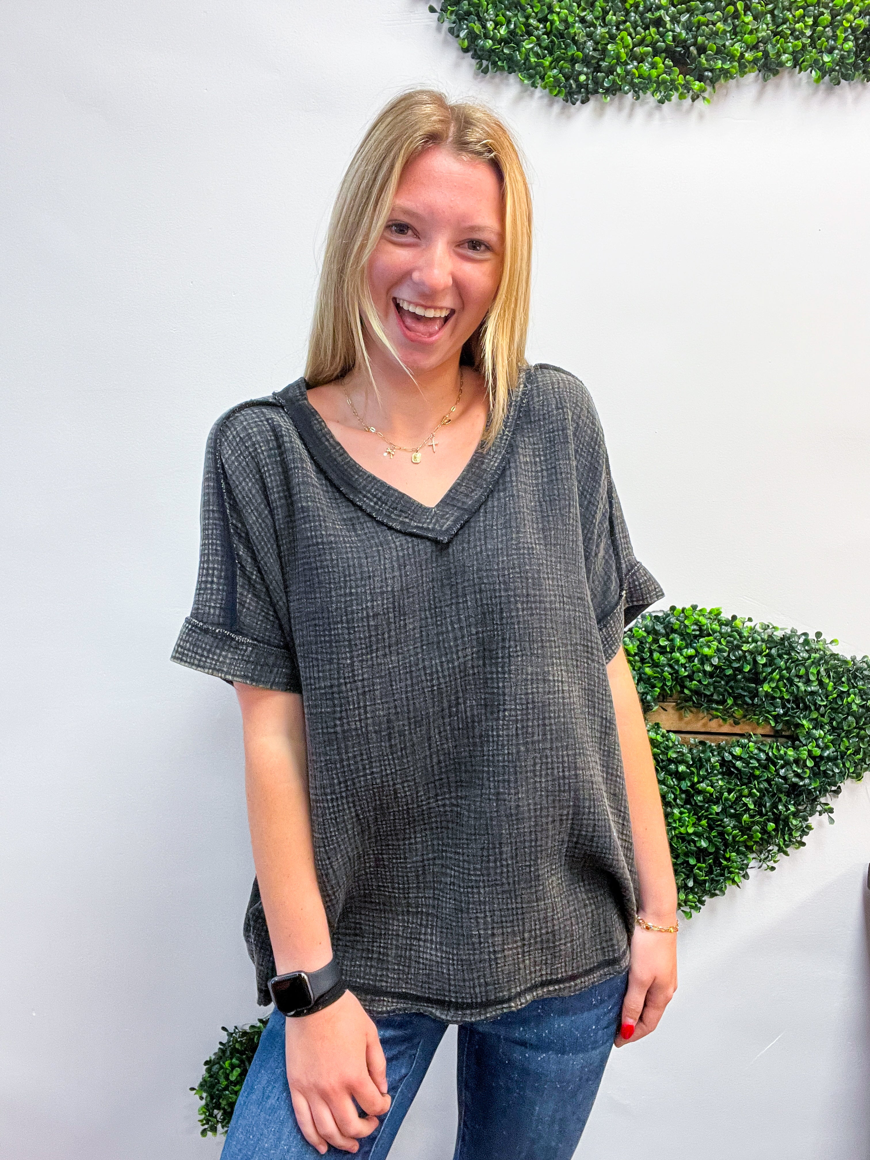 The Worn-In Wonder Acid Wash Gauze Top - Black