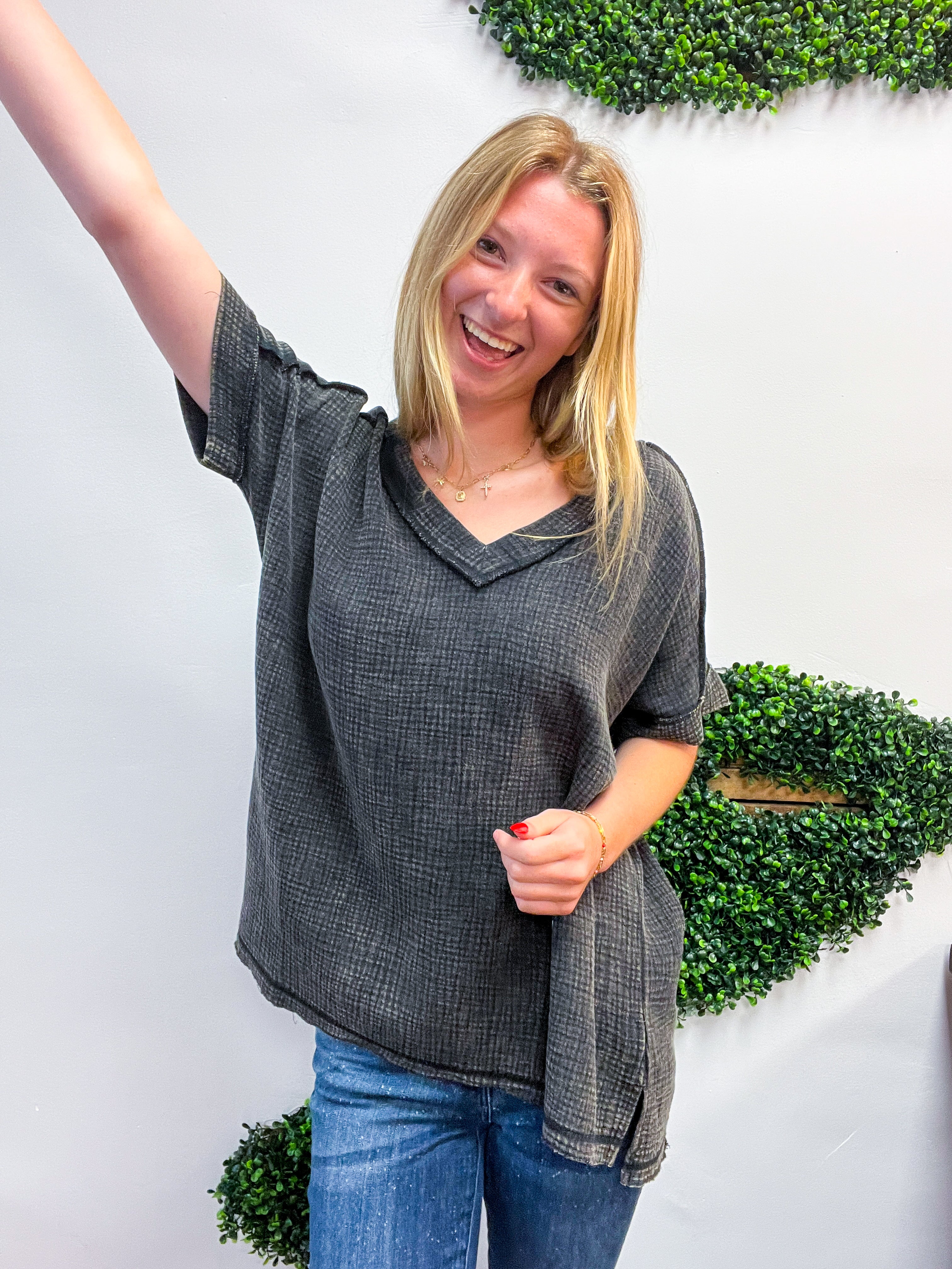 The Worn-In Wonder Acid Wash Gauze Top - Black