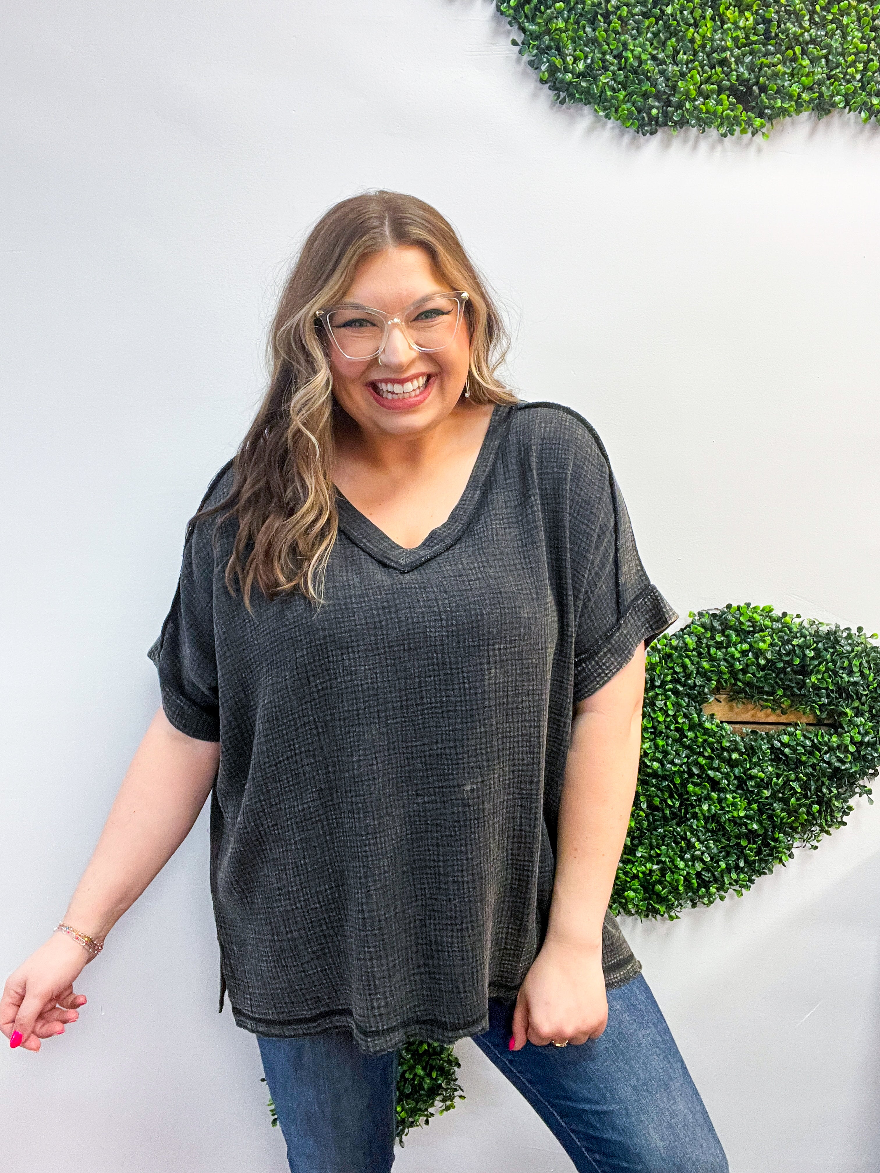 The Worn-In Wonder Acid Wash Gauze Top - Black