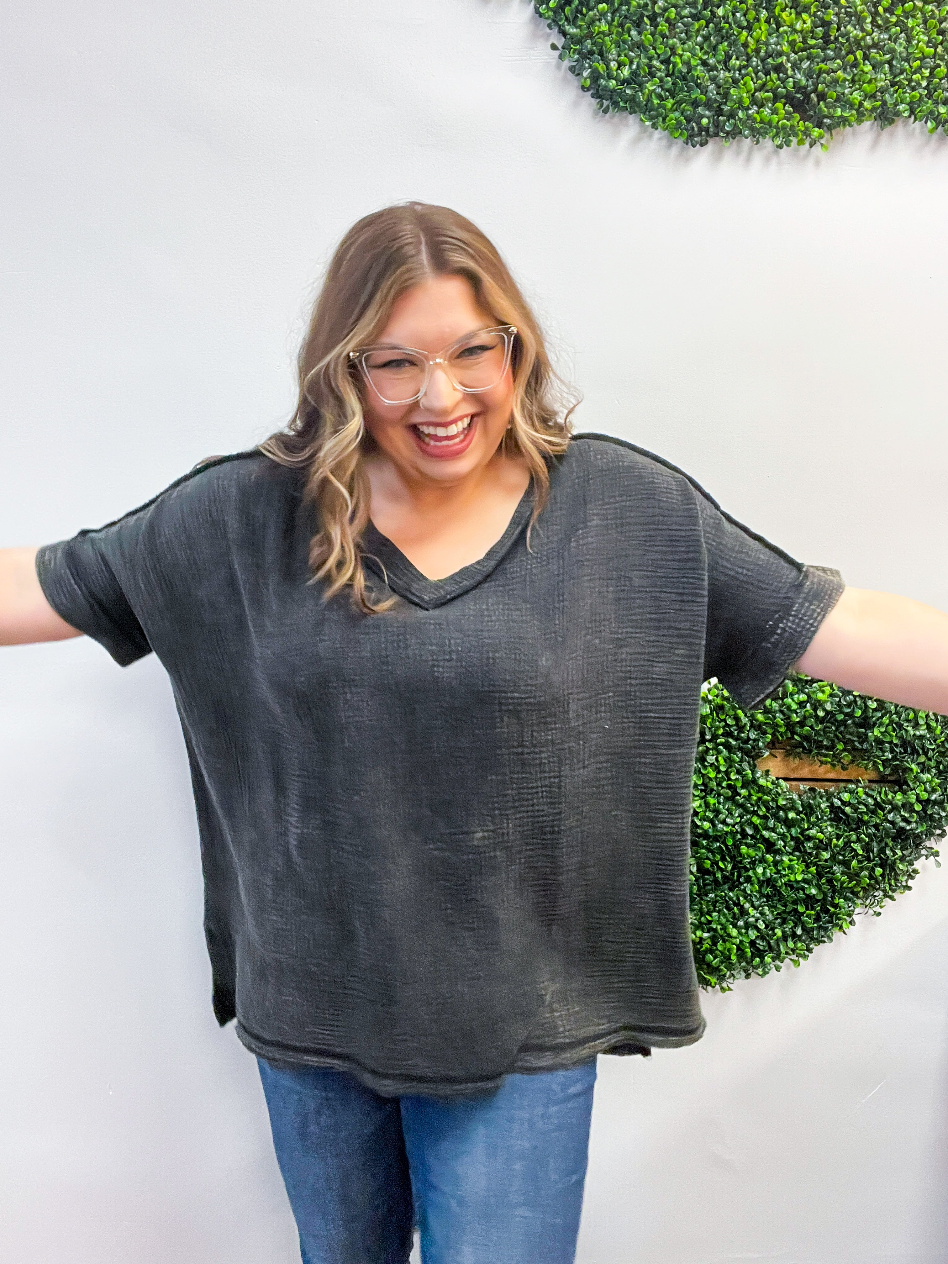 The Worn-In Wonder Acid Wash Gauze Top - Black