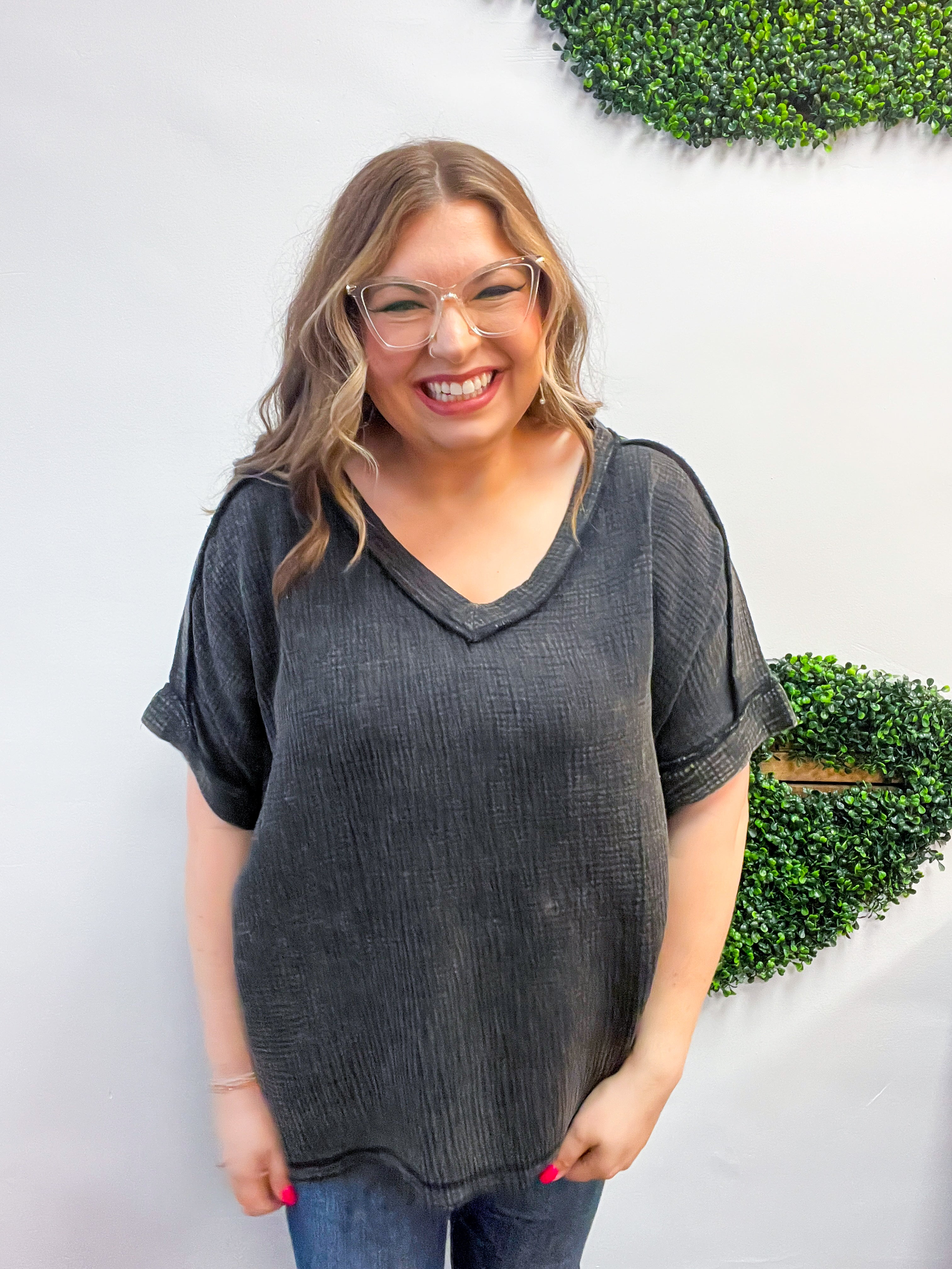 The Worn-In Wonder Acid Wash Gauze Top - Black