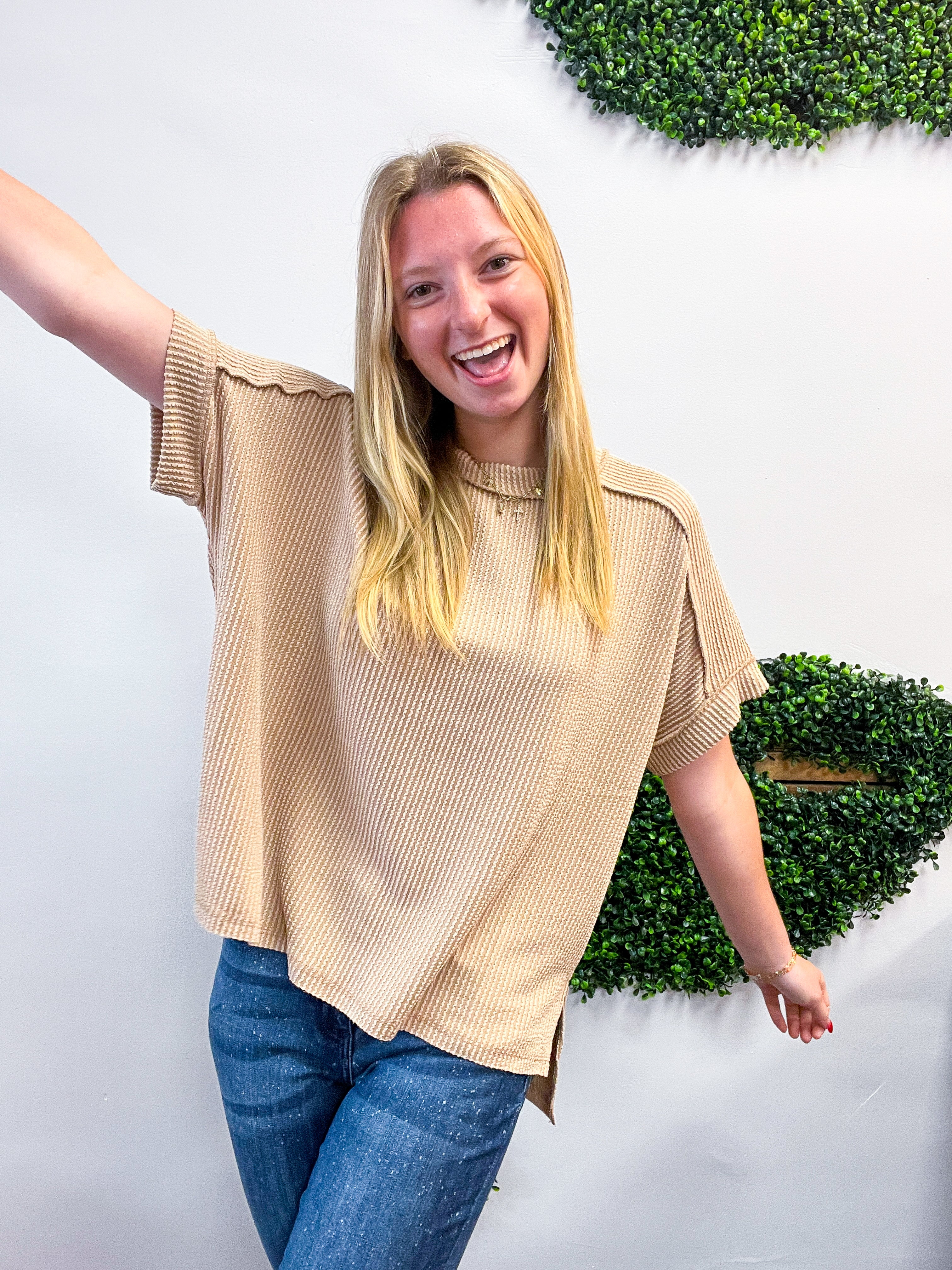 The Textured Take Raised Rib Short Sleeve Top in Light Mocha