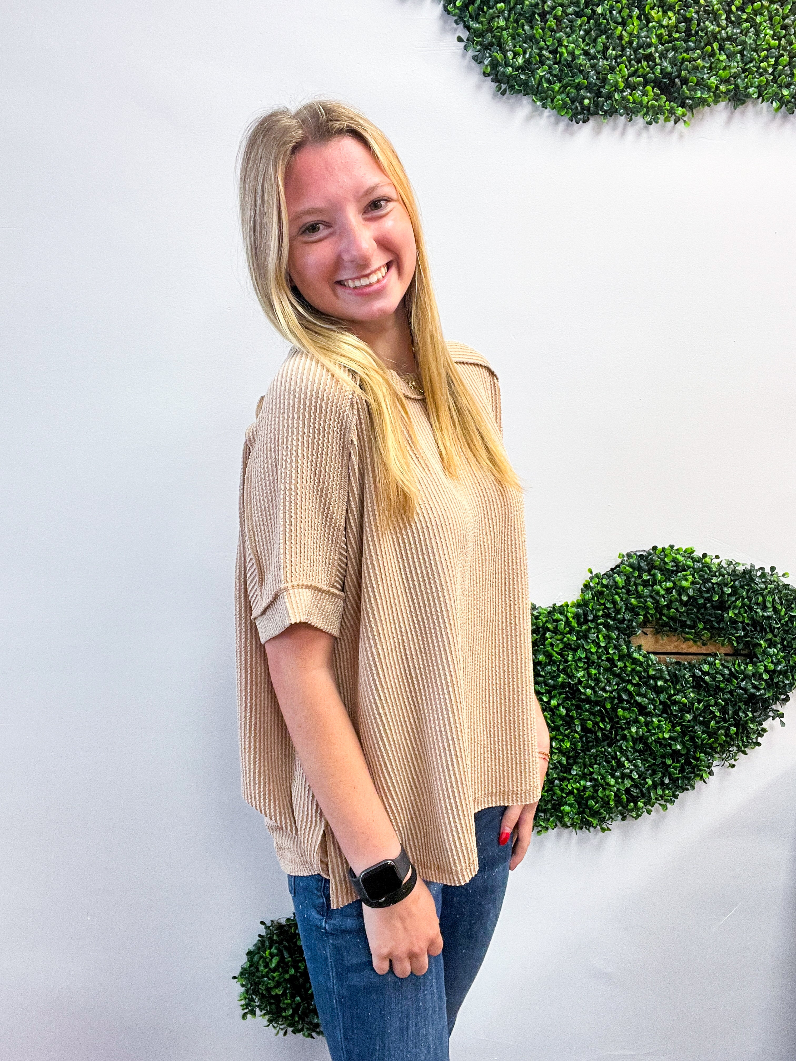 The Textured Take Raised Rib Short Sleeve Top in Light Mocha