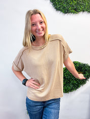 The Textured Take Raised Rib Short Sleeve Top in Light Mocha