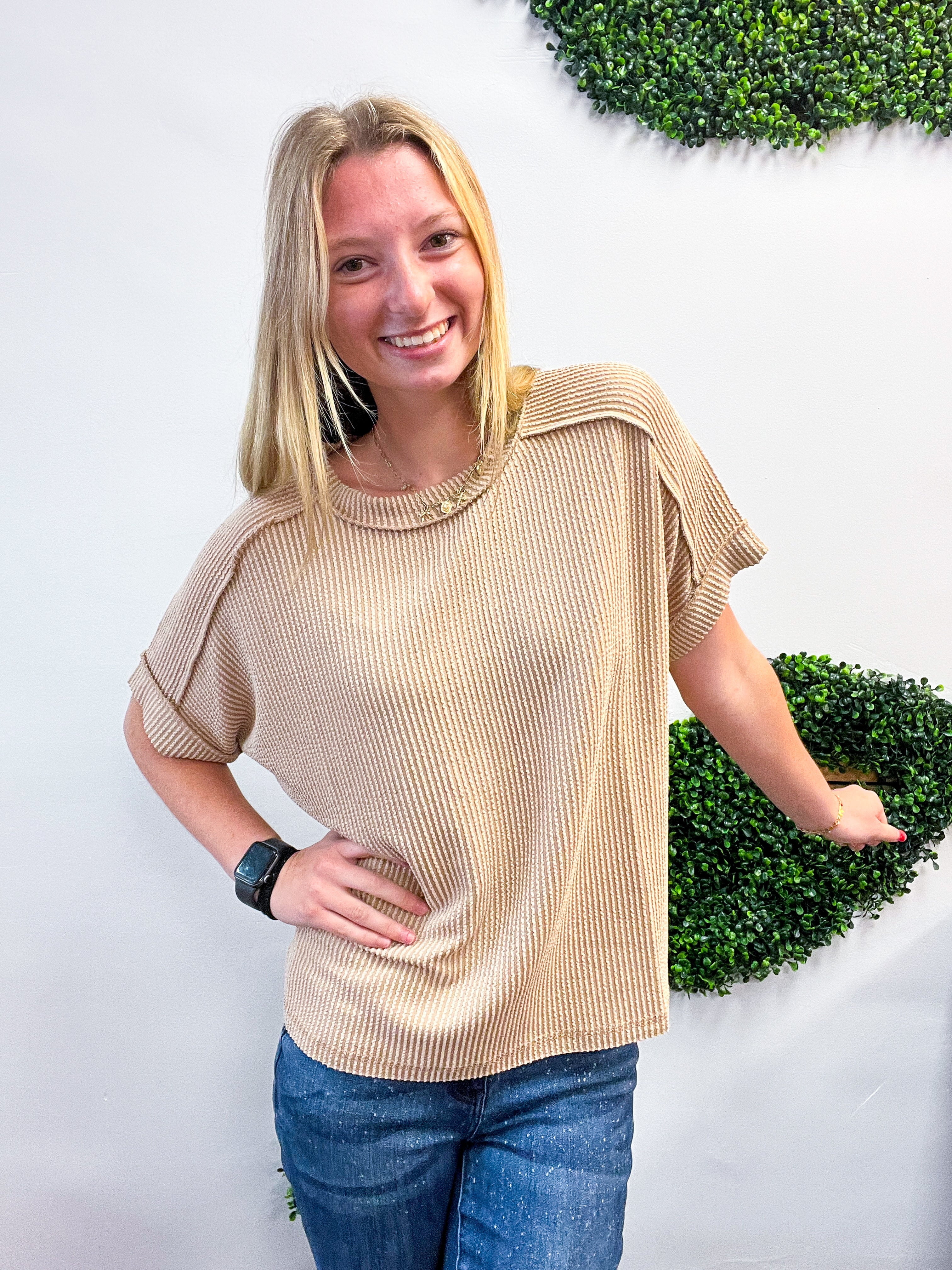 The Textured Take Raised Rib Short Sleeve Top in Light Mocha