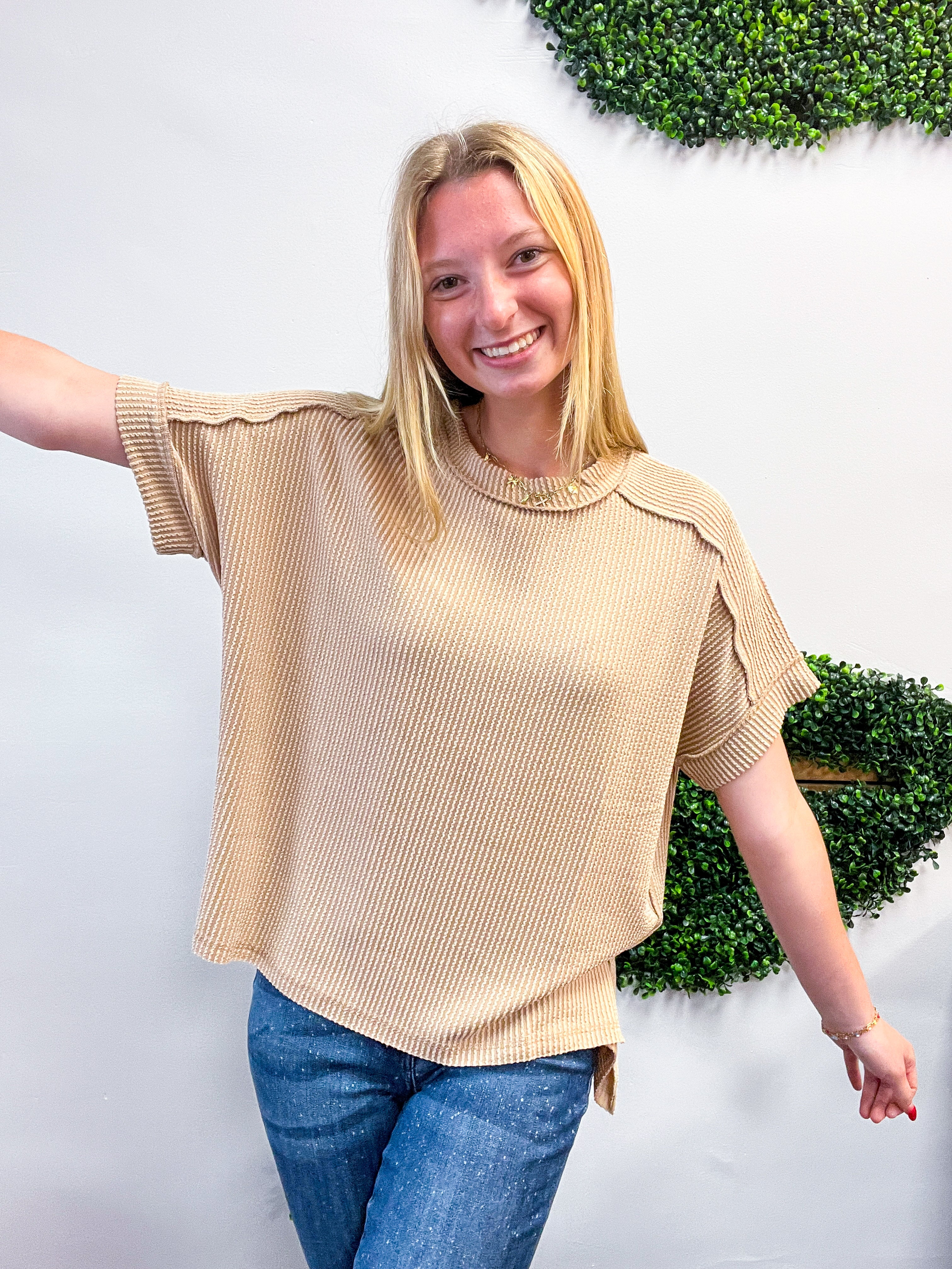 The Textured Take Raised Rib Short Sleeve Top in Light Mocha