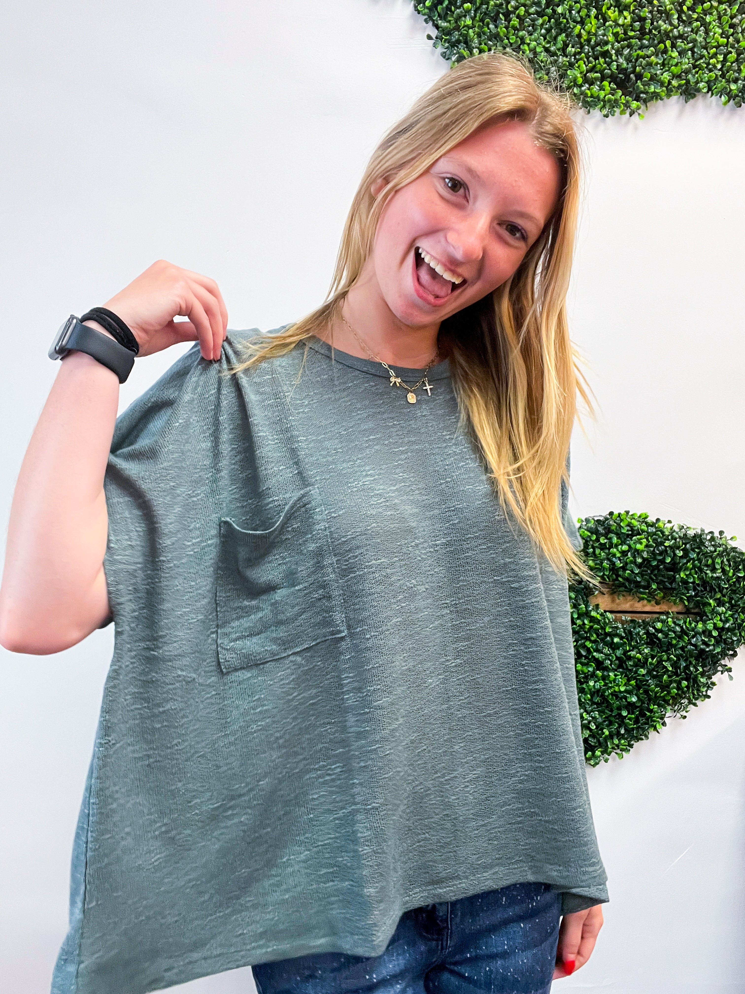 The Slouch Side Pocket Hacci Top - Jade