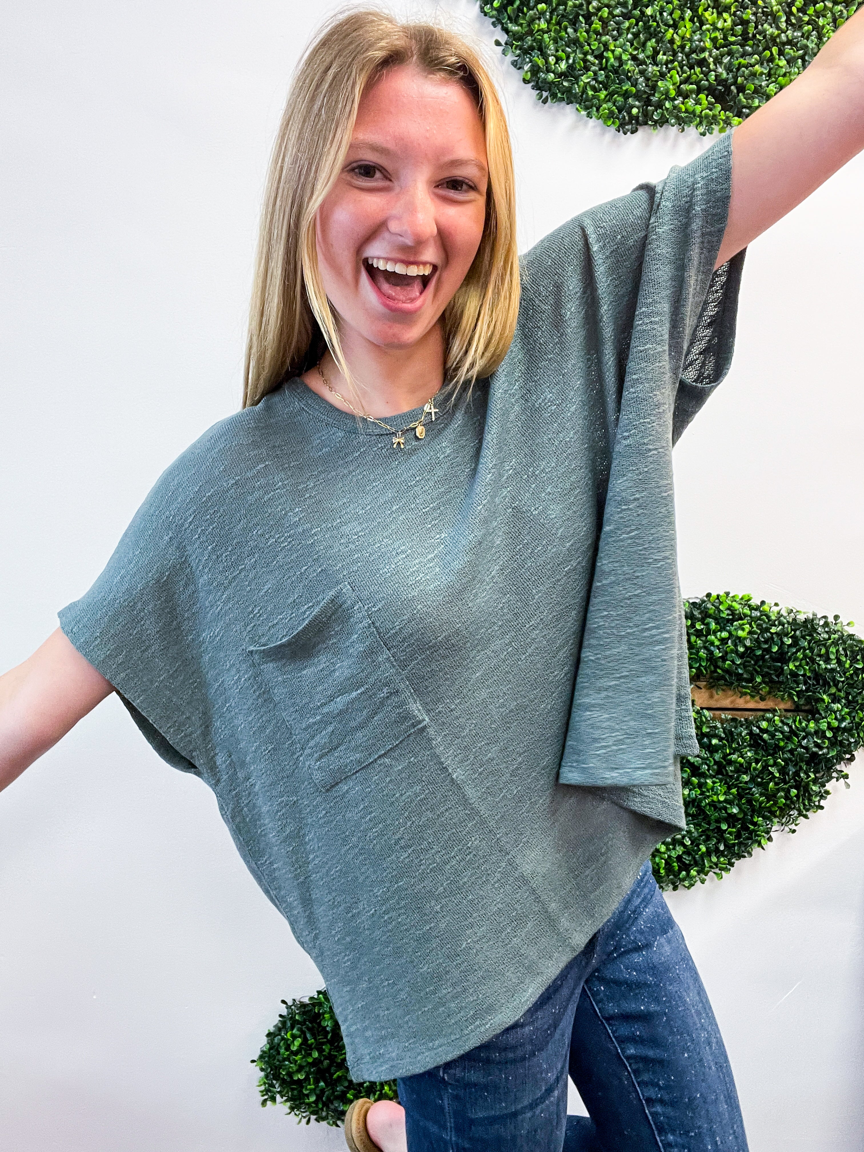The Slouch Side Pocket Hacci Top - Jade
