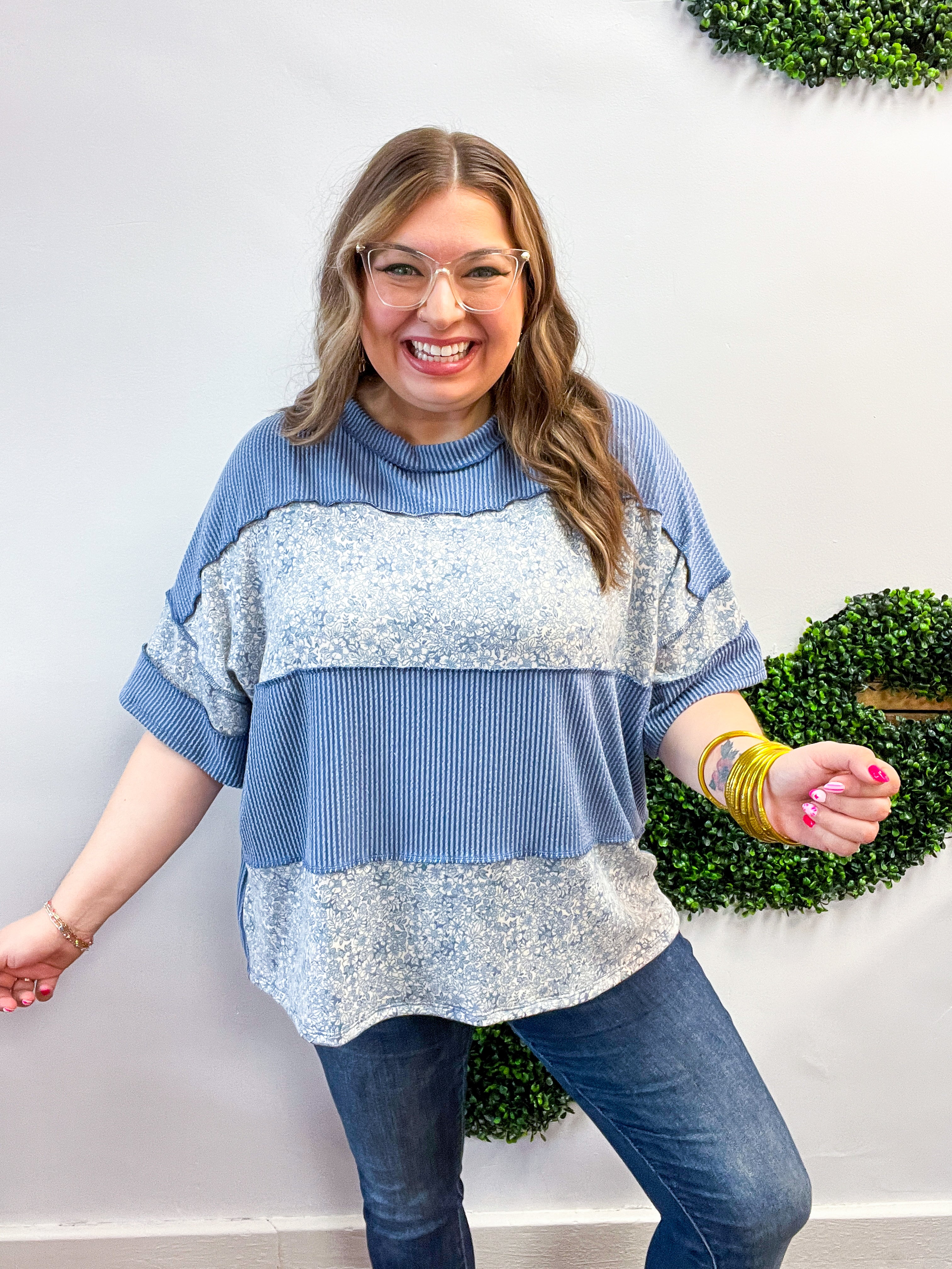 Between Seasons Wavy Rib Pullover Top in Denim Blue