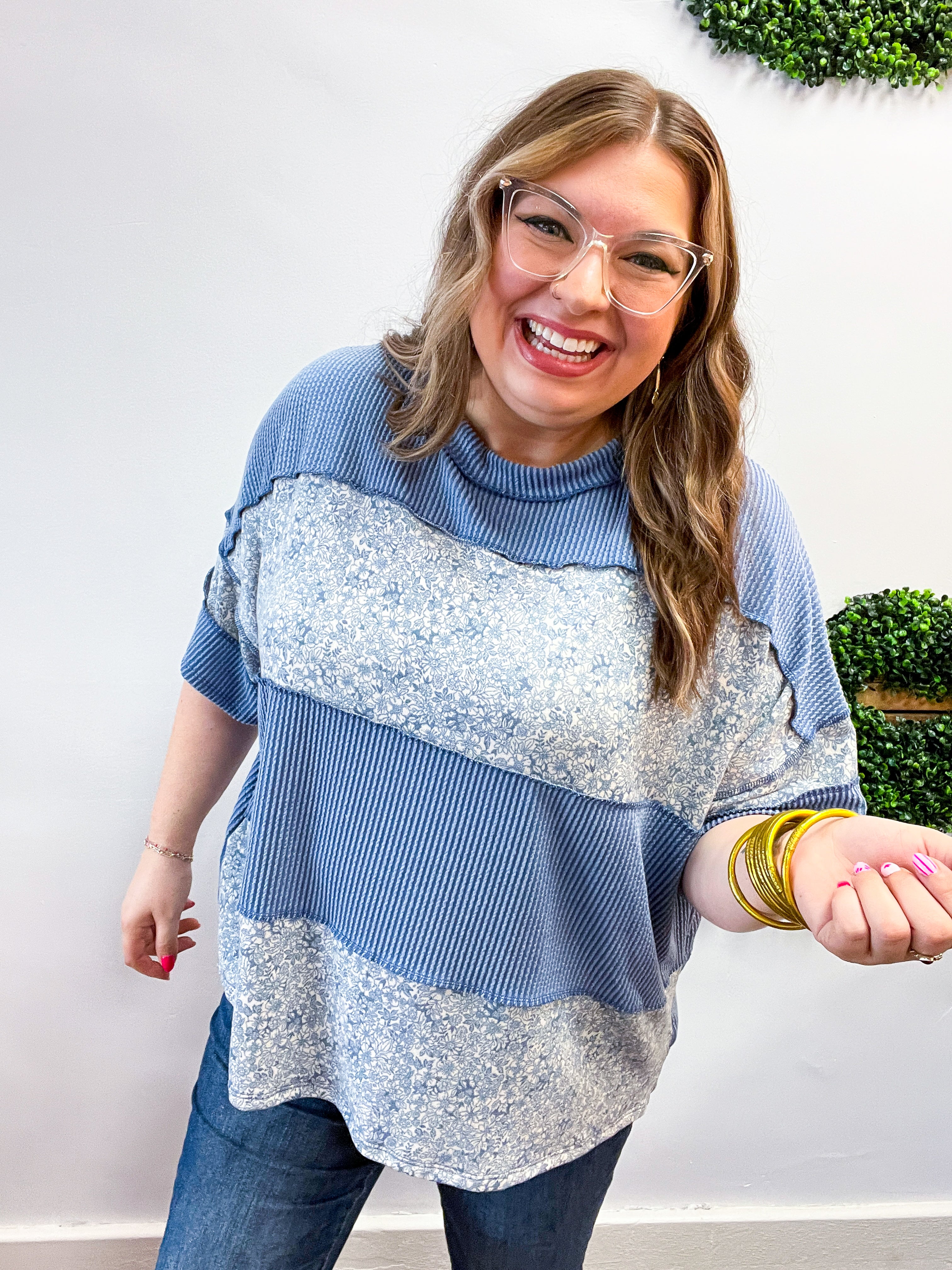 Between Seasons Wavy Rib Pullover Top in Denim Blue