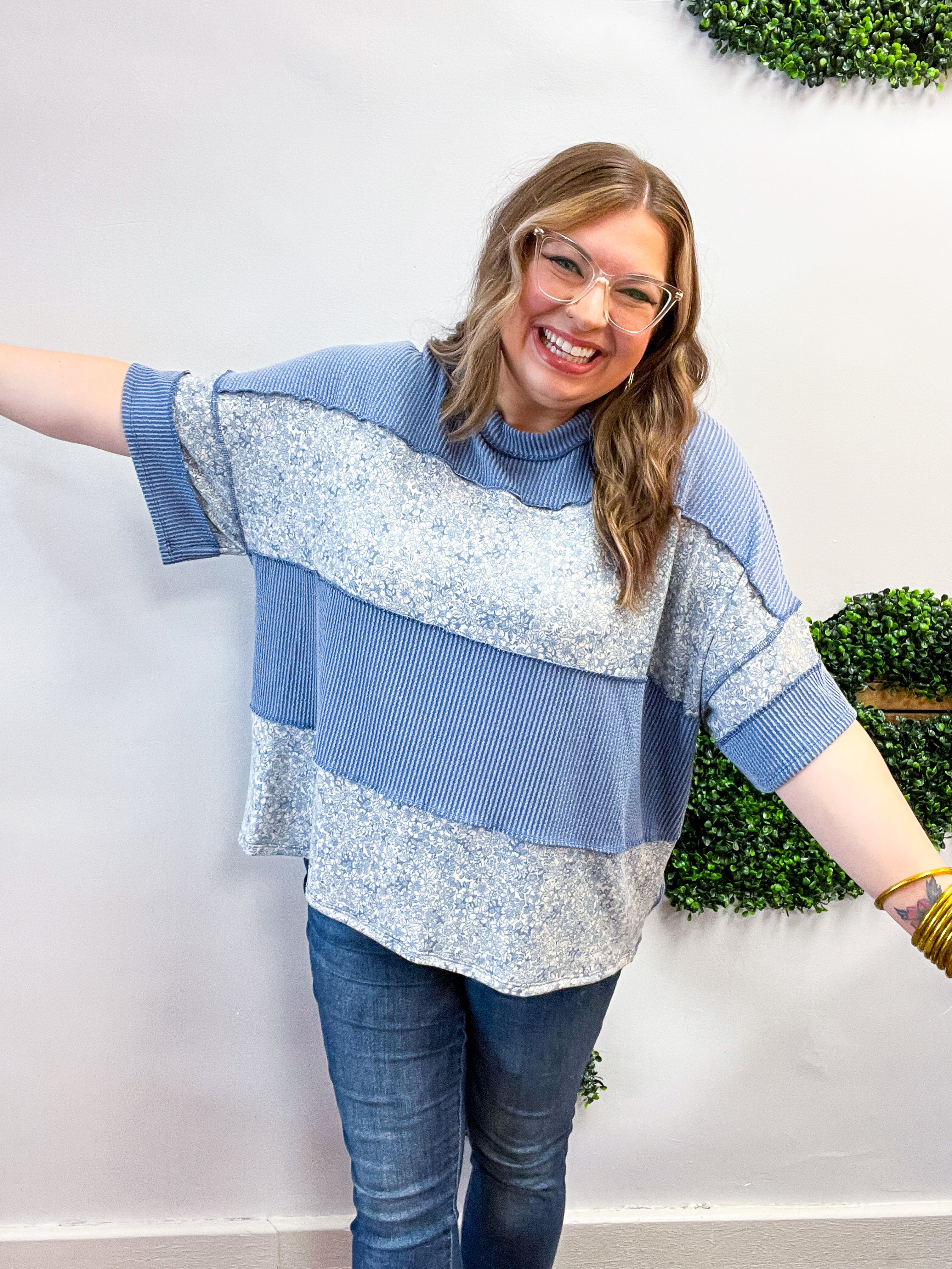 Between Seasons Wavy Rib Pullover Top in Denim Blue