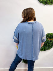 Between Seasons Wavy Rib Pullover Top in Denim Blue