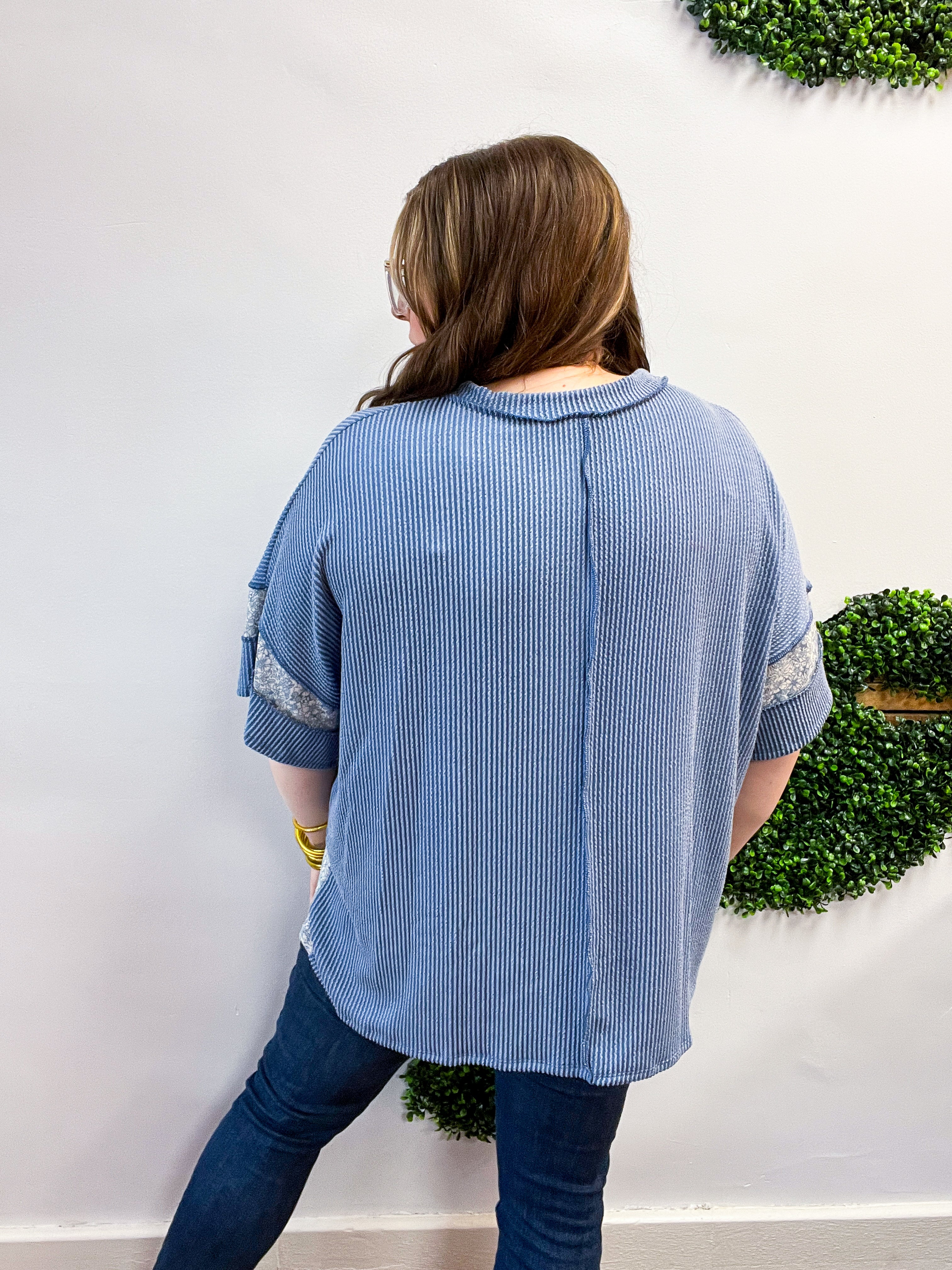 Between Seasons Wavy Rib Pullover Top in Denim Blue