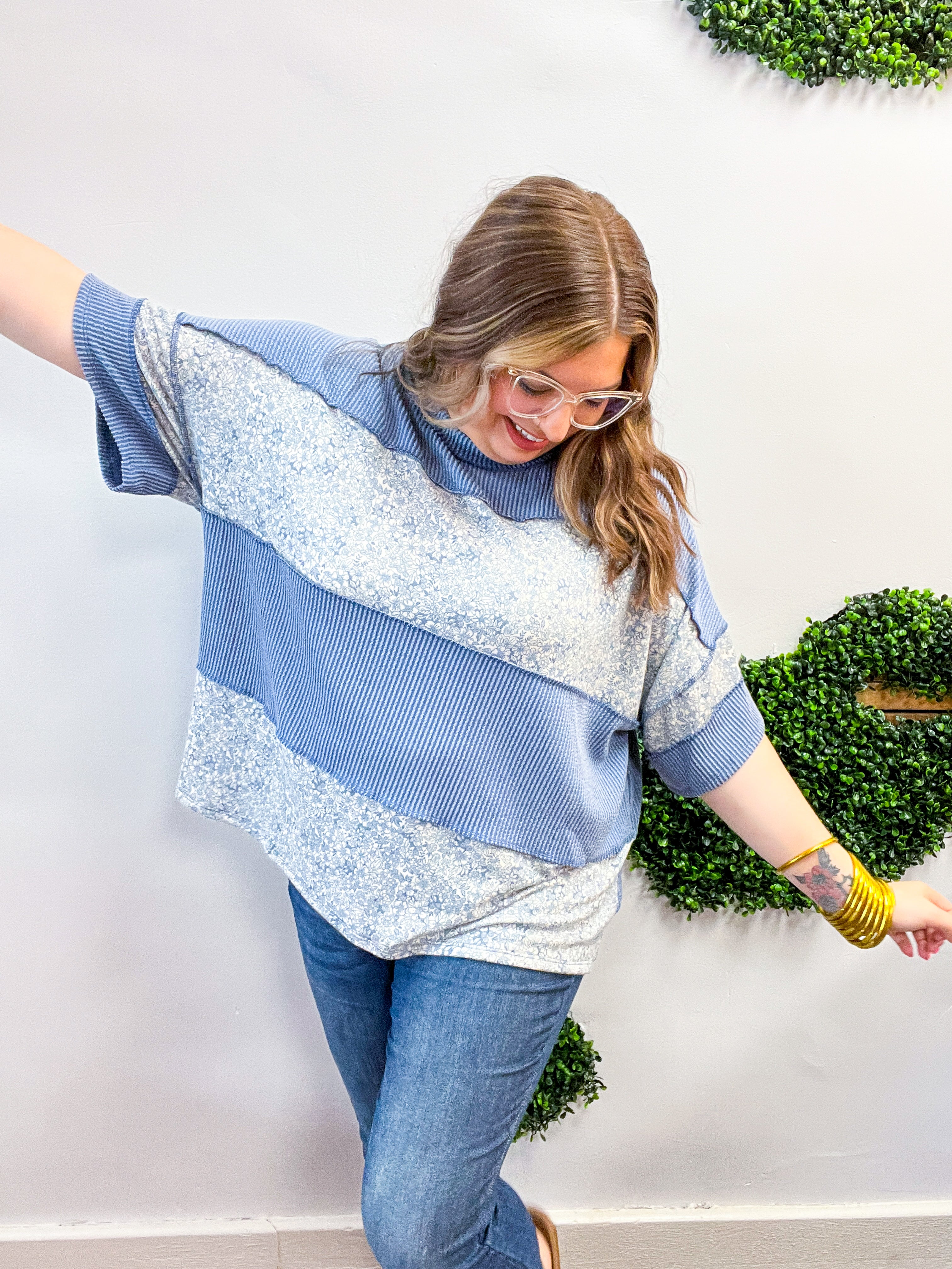 Between Seasons Wavy Rib Pullover Top in Denim Blue
