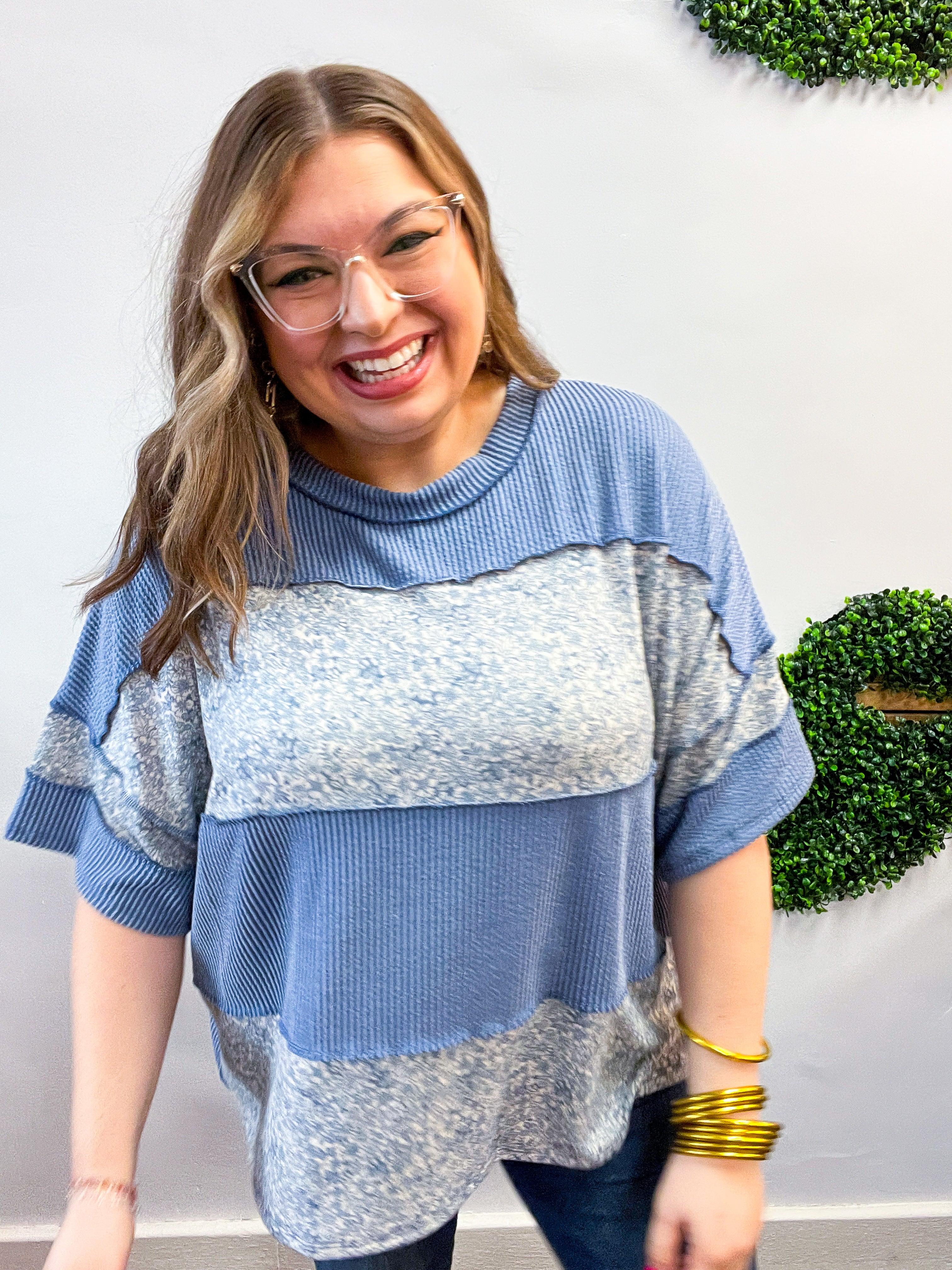 Between Seasons Wavy Rib Pullover Top in Denim Blue