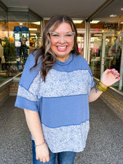 Between Seasons Wavy Rib Pullover Top in Denim Blue