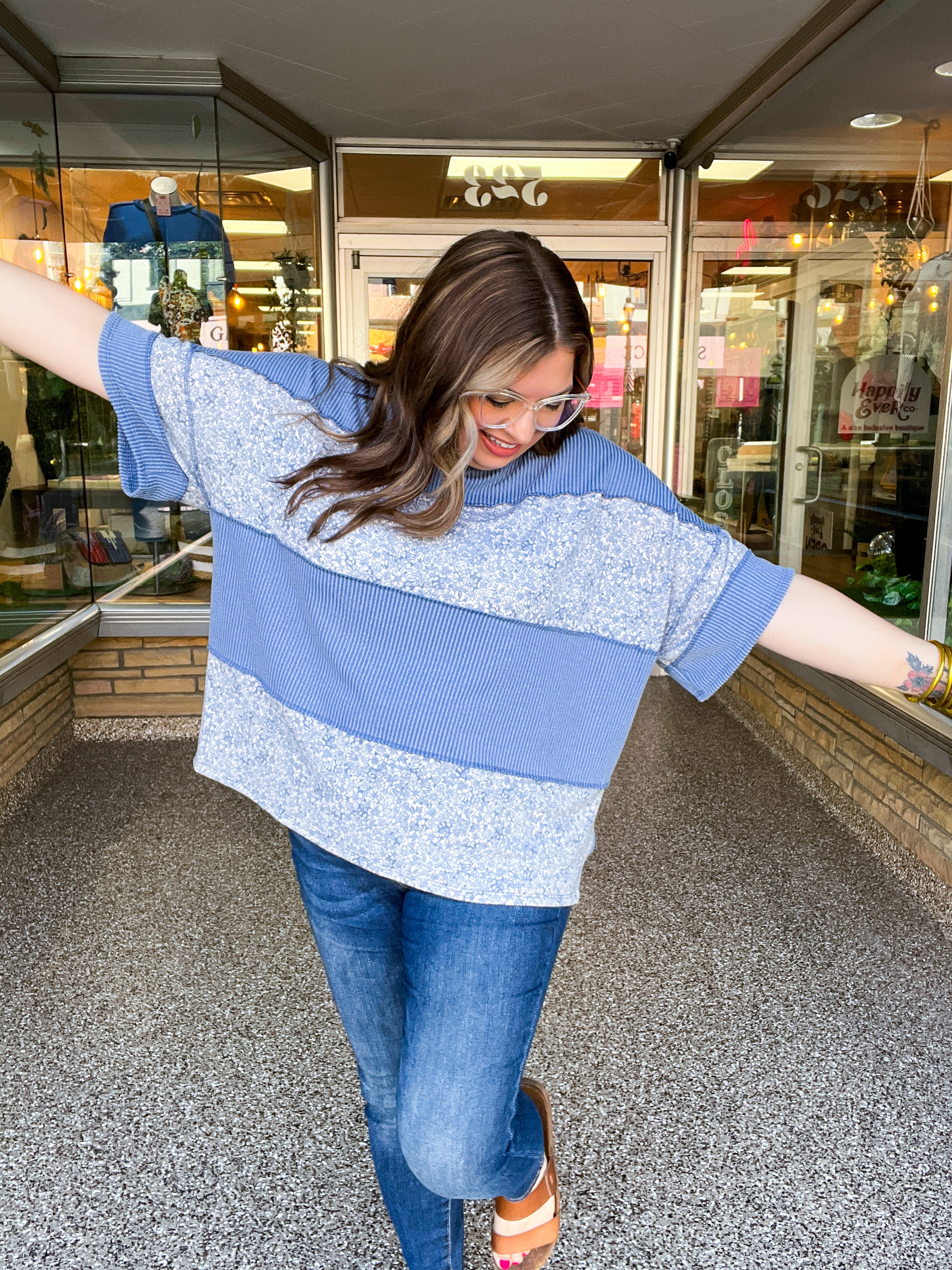 Between Seasons Wavy Rib Pullover Top in Denim Blue