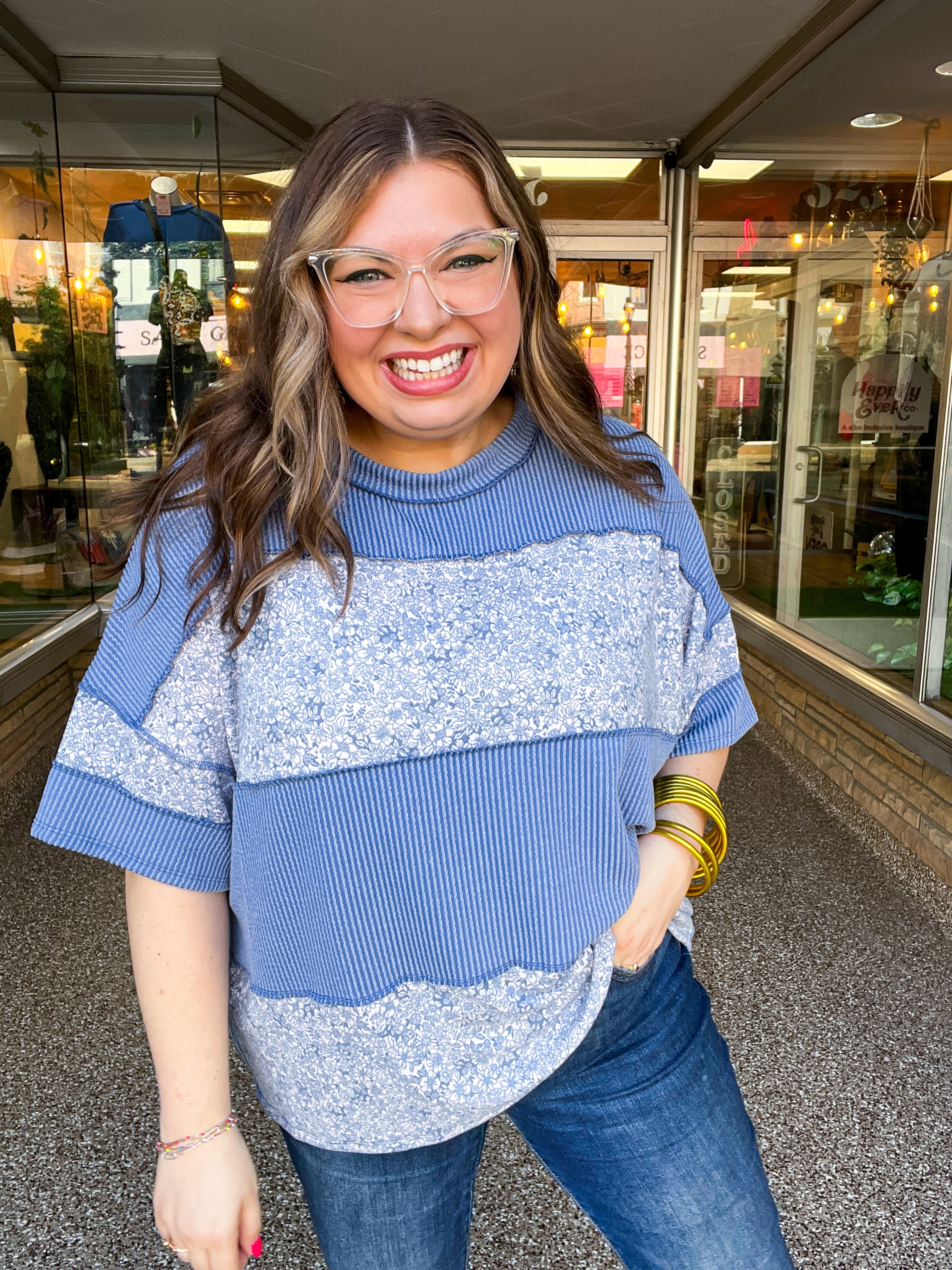 Between Seasons Wavy Rib Pullover Top in Denim Blue