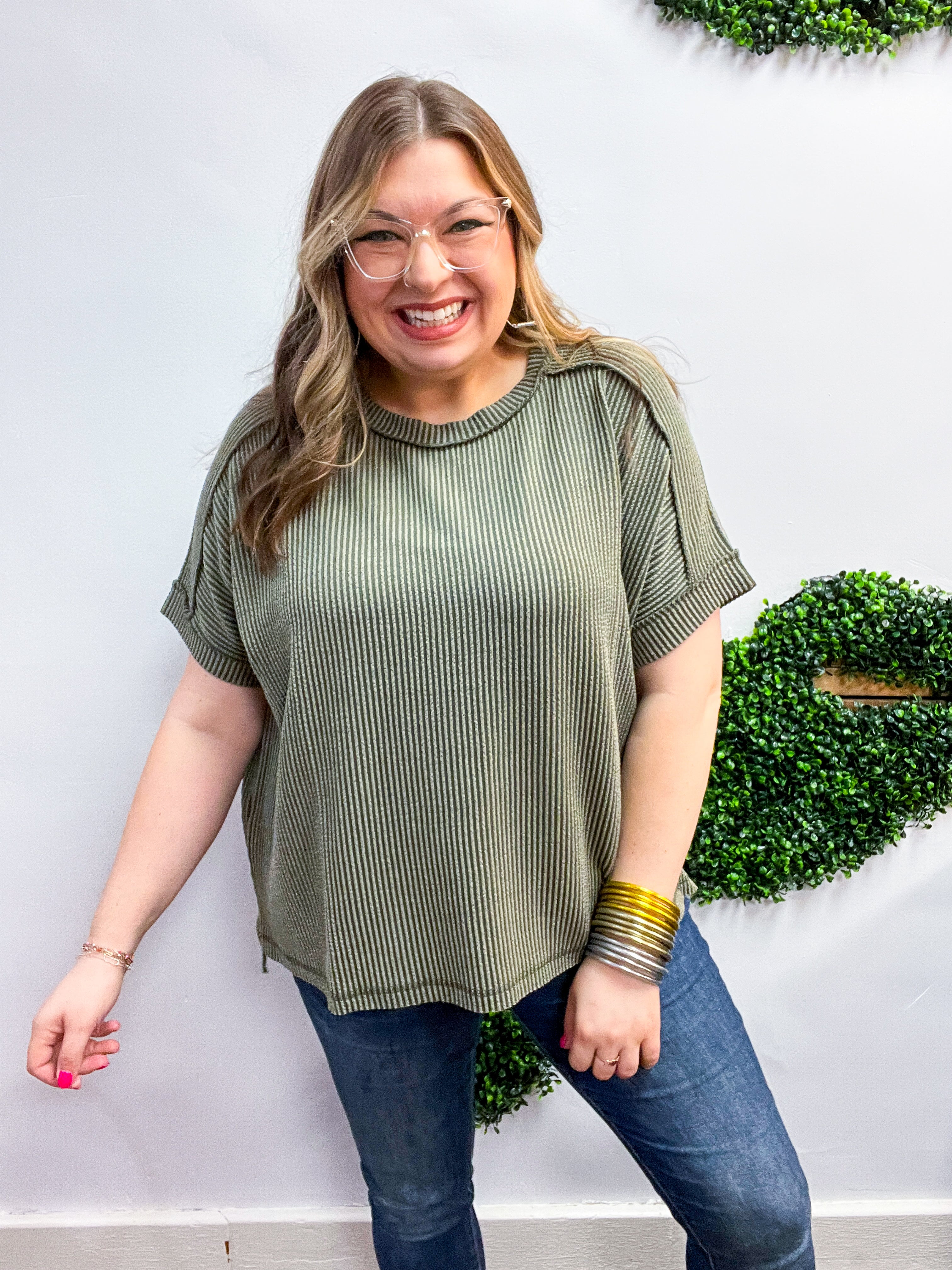 The Textured Take Raised Rib Short Sleeve Top in Olive