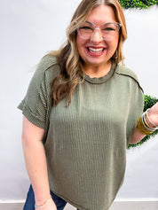 The Textured Take Raised Rib Short Sleeve Top in Olive
