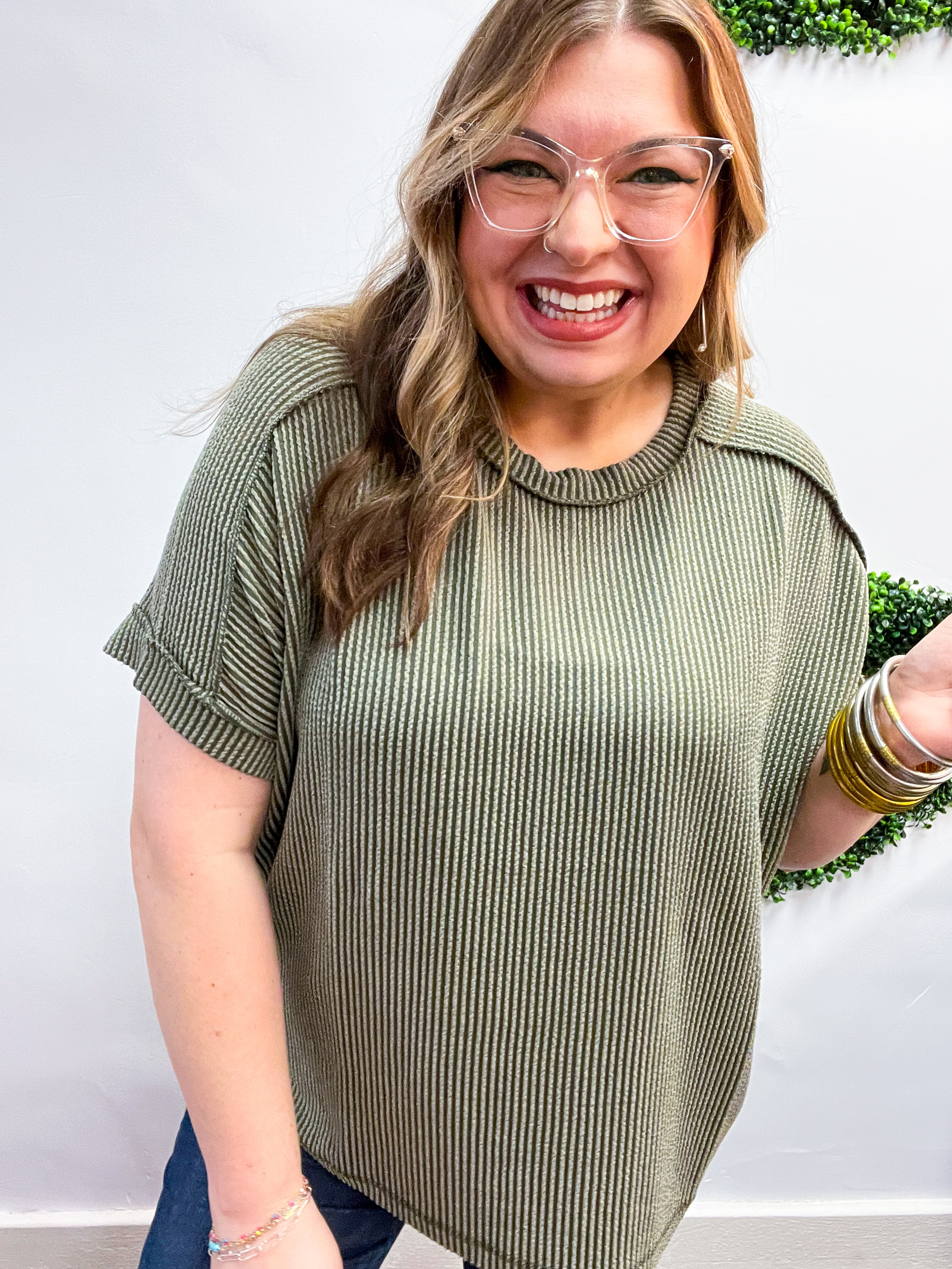 The Textured Take Raised Rib Short Sleeve Top in Olive