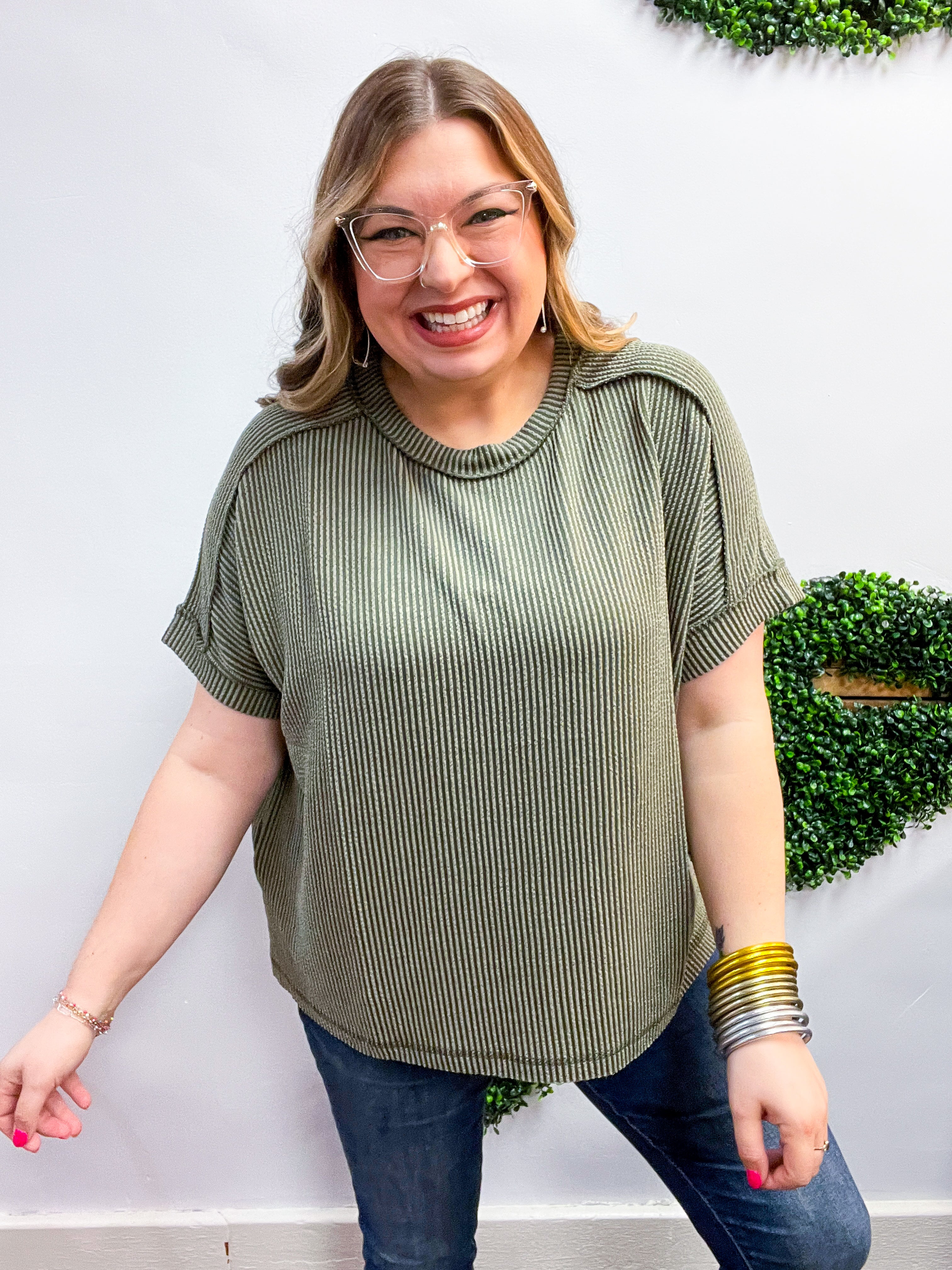 The Textured Take Raised Rib Short Sleeve Top in Olive