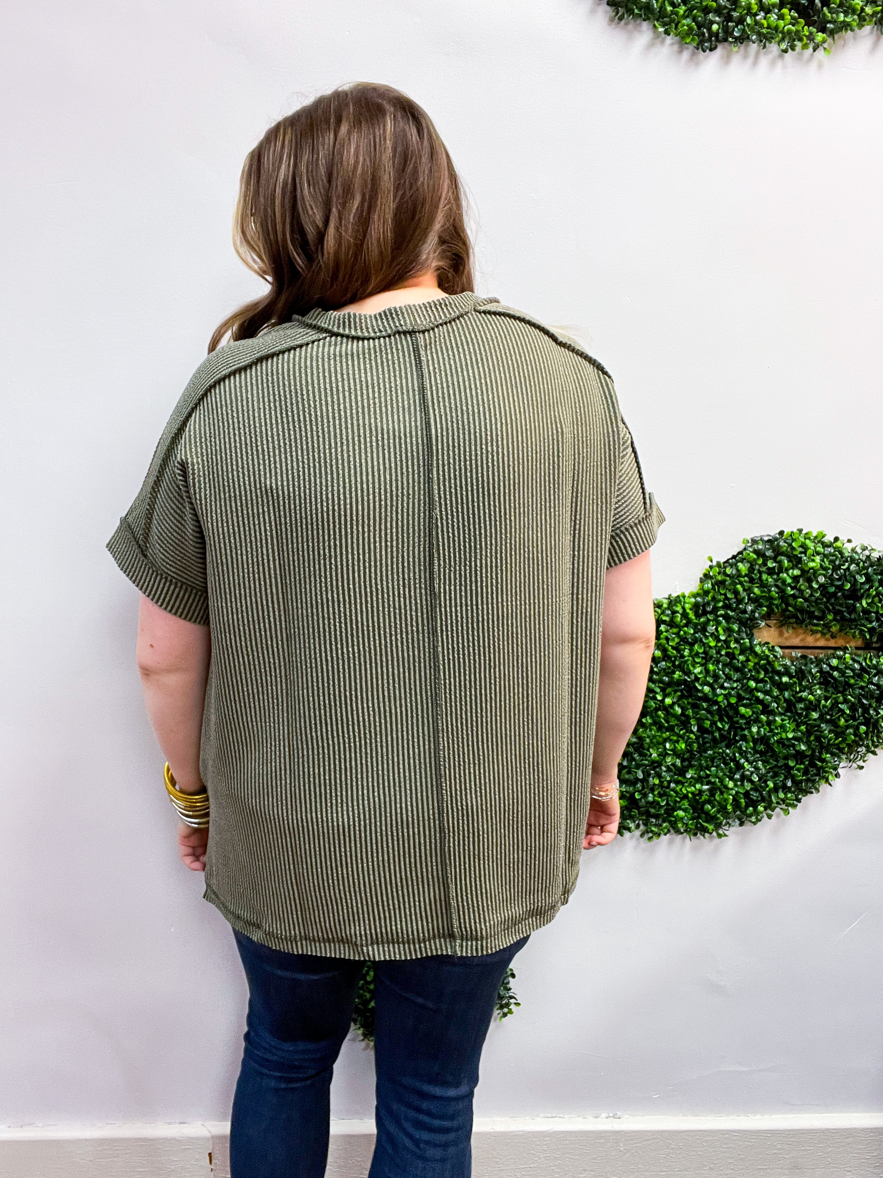 The Textured Take Raised Rib Short Sleeve Top in Olive
