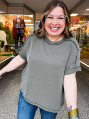 The Textured Take Raised Rib Short Sleeve Top in Olive