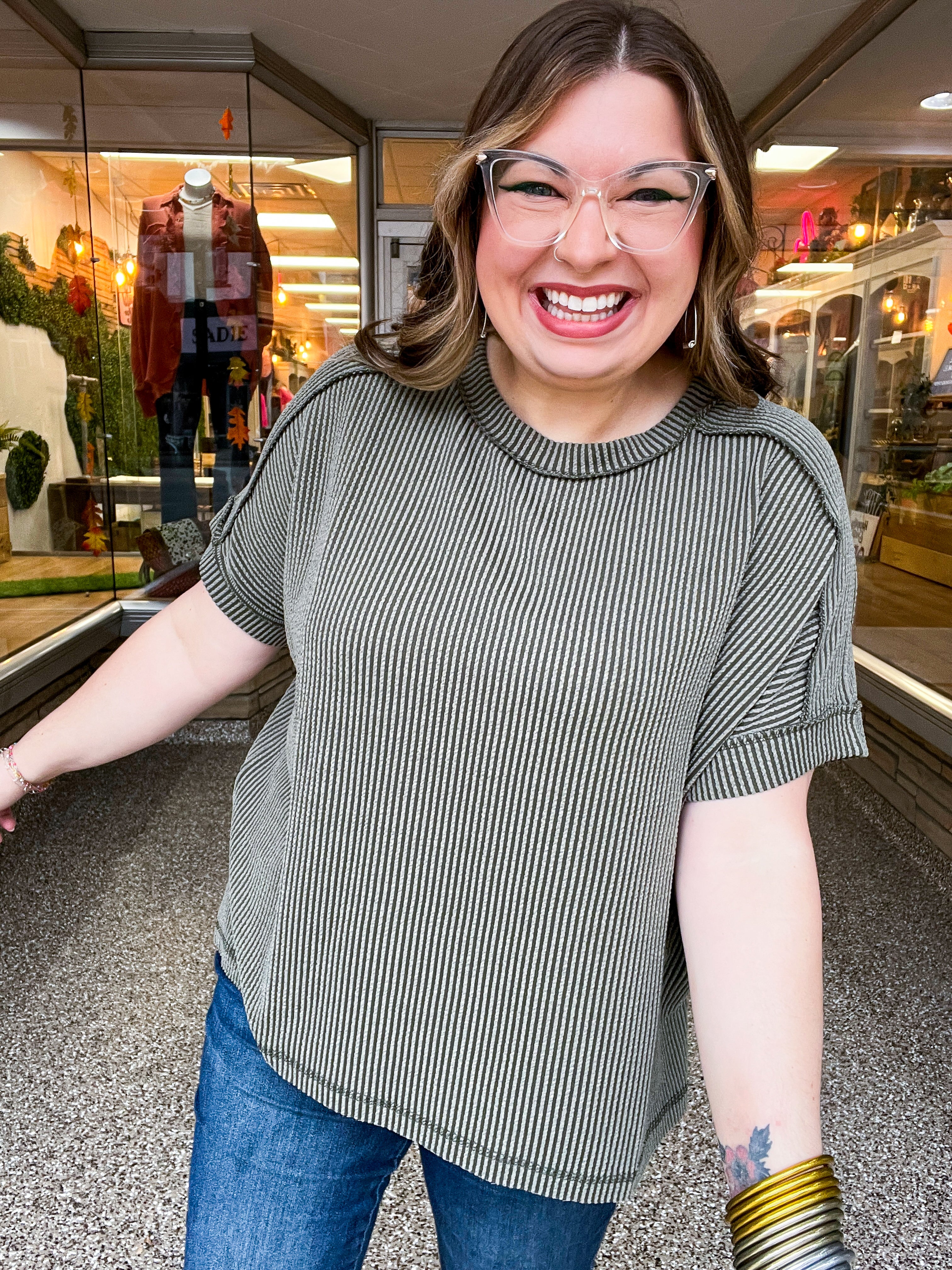 The Textured Take Raised Rib Short Sleeve Top in Olive