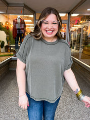 The Textured Take Raised Rib Short Sleeve Top in Olive