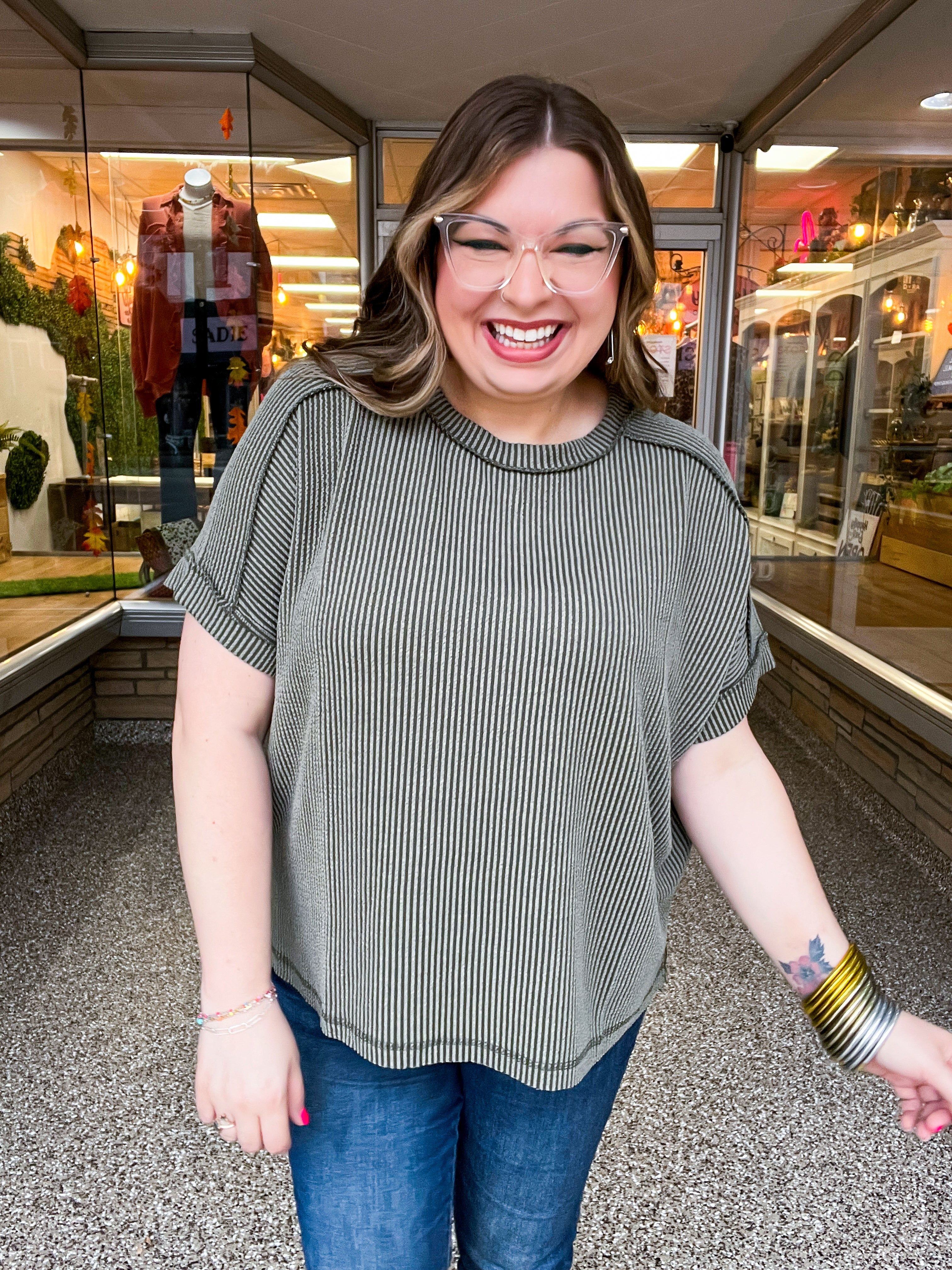 The Textured Take Raised Rib Short Sleeve Top in Olive