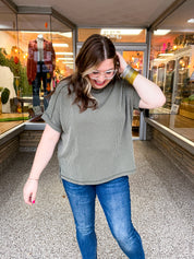 The Textured Take Raised Rib Short Sleeve Top in Olive