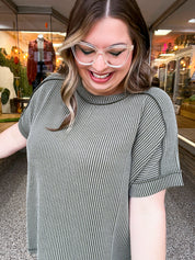 The Textured Take Raised Rib Short Sleeve Top in Olive