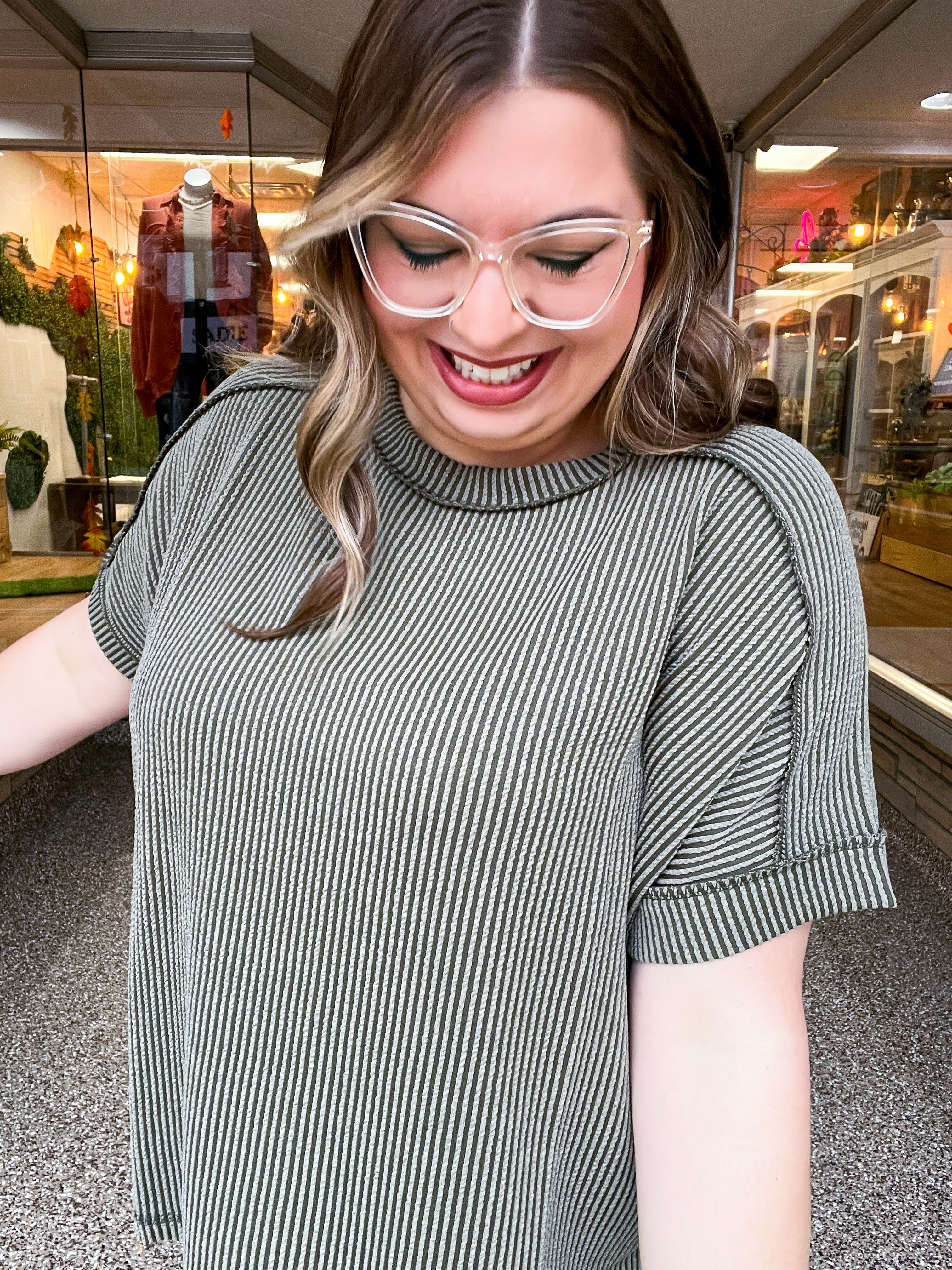 The Textured Take Raised Rib Short Sleeve Top in Olive