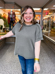 The Textured Take Raised Rib Short Sleeve Top in Olive